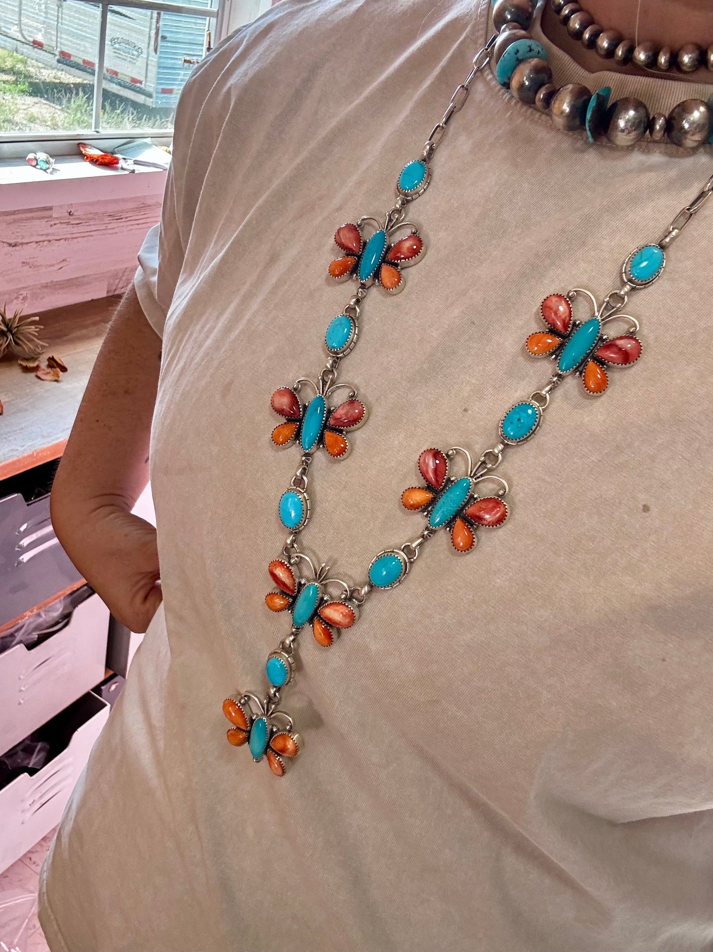 Massive Butterfly Necklace – Kingman Turquoise & Spiny Oyster – 32.5 Inch