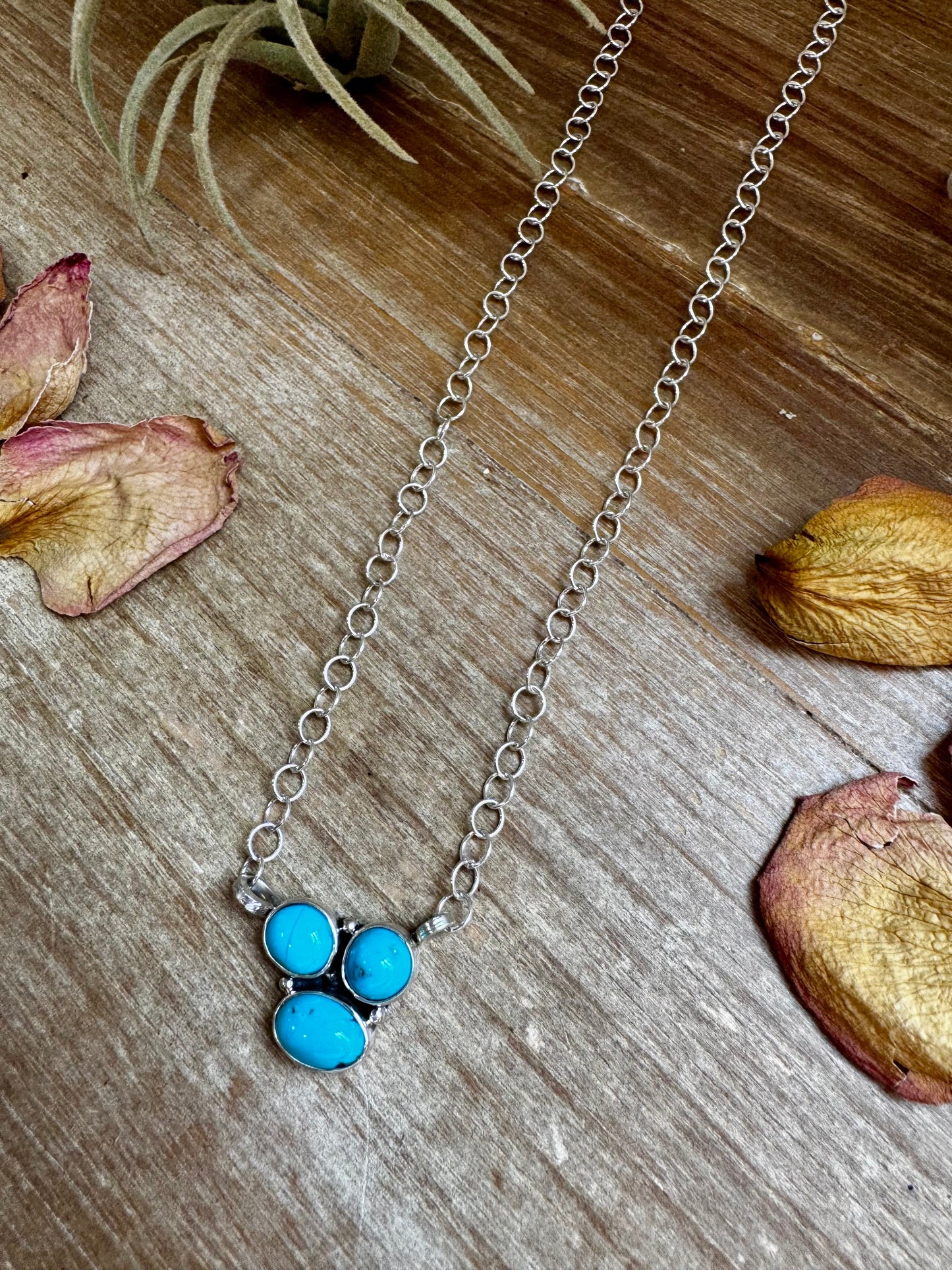 3-Stone Small Cluster Necklace – Kingman Turquoise – 17.5" SS chain