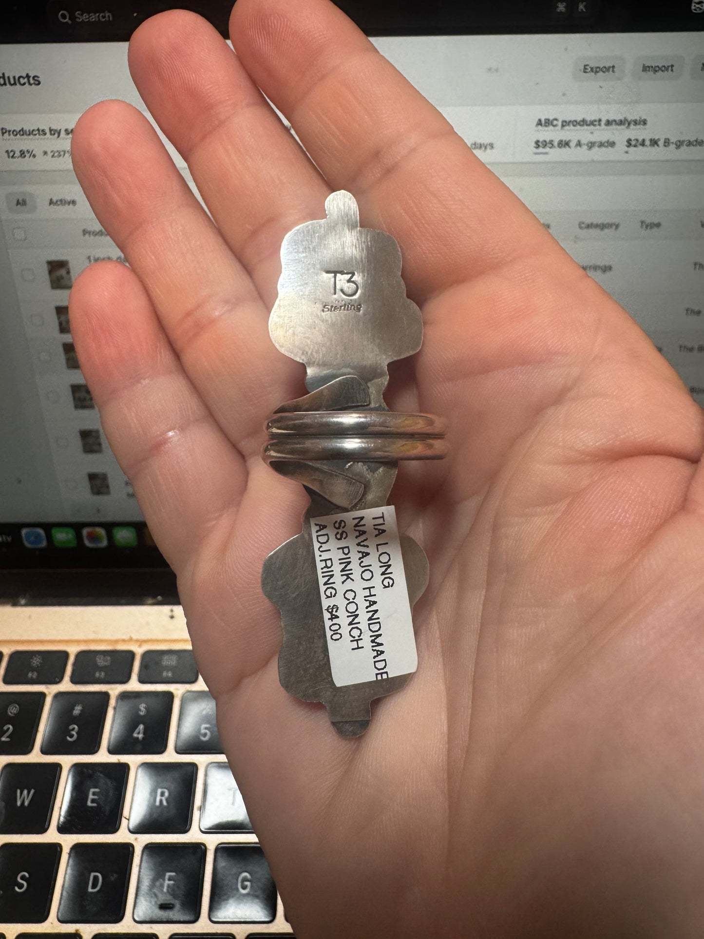 Long Ring - adjustable - pink conch and sterling silver III