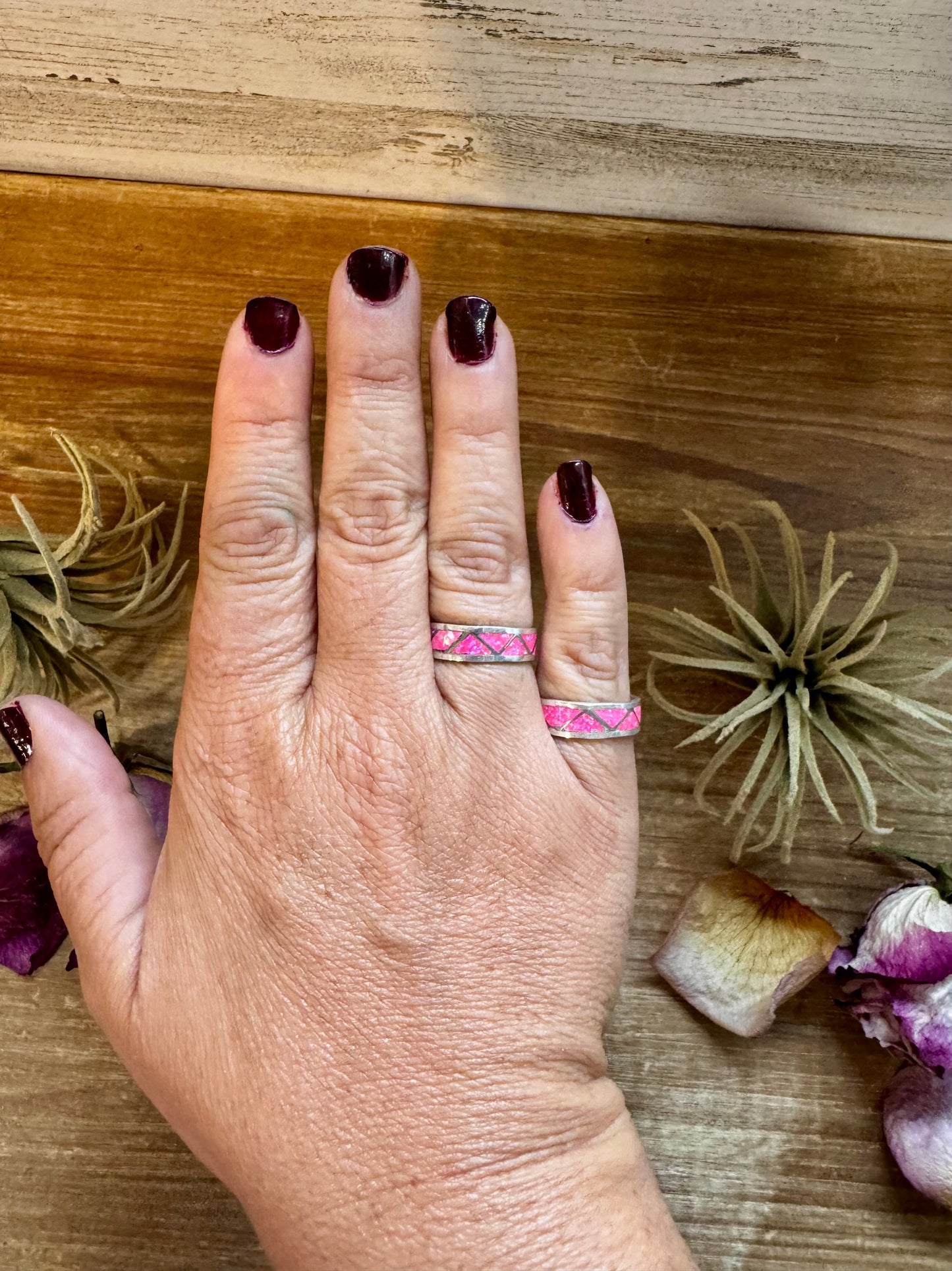 Pink Opal Inlay Band Ring – Sterling Silver – Sizes 6.5 & 7.5