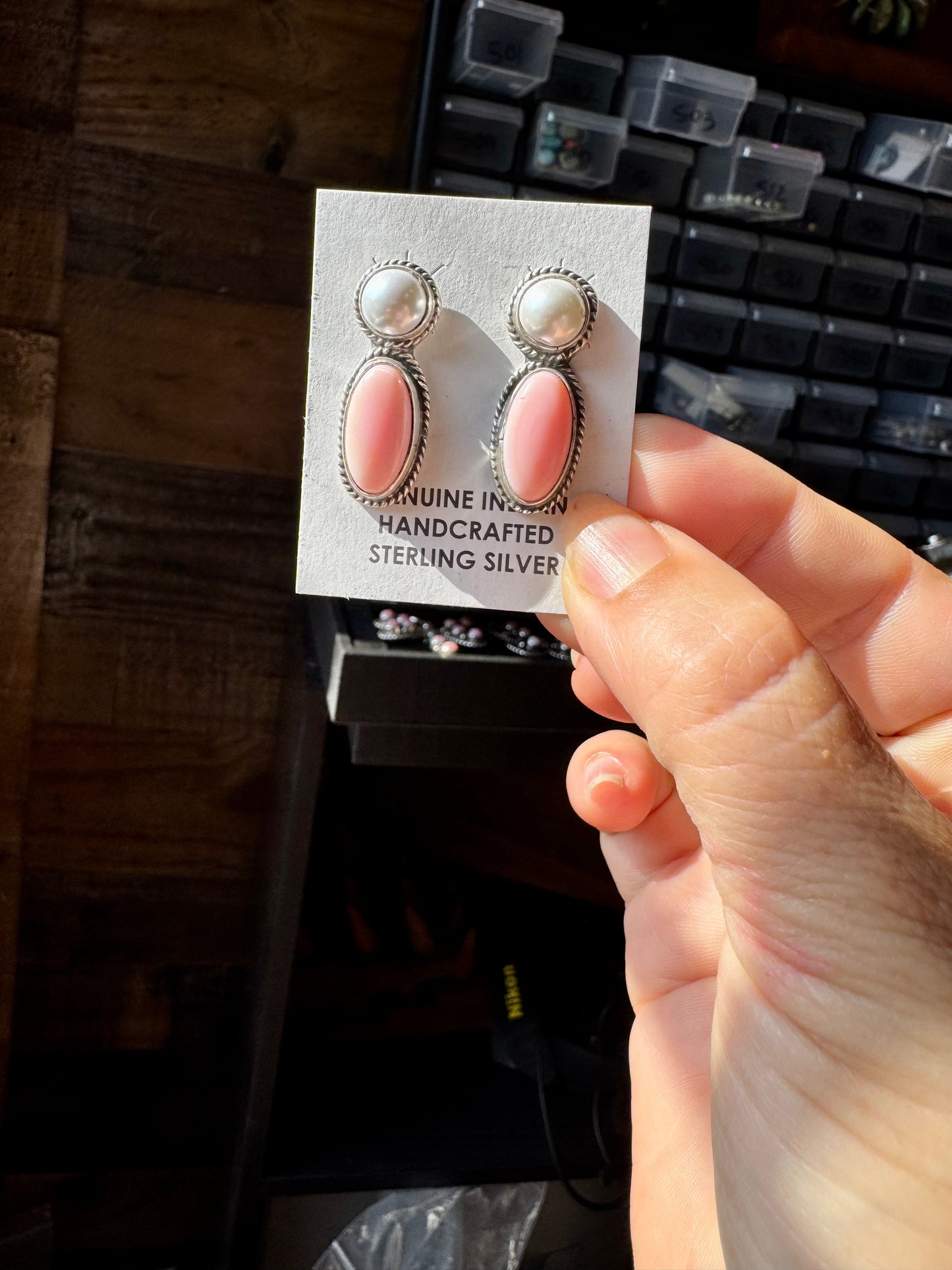 Mother of Pearl & Pink Conch Stud Earrings – stamped Marcella James