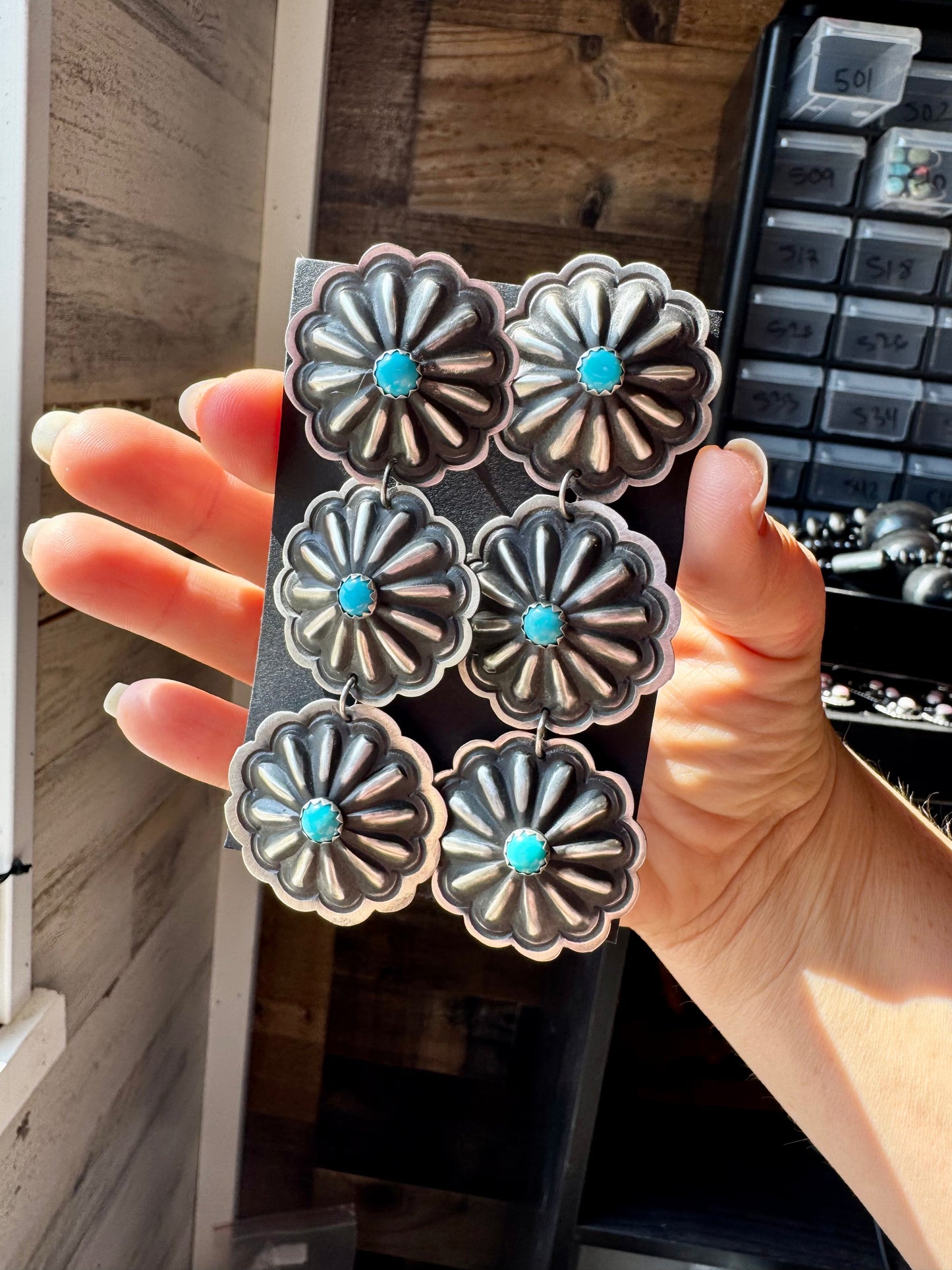 Triple Concho Dangle Earrings with Kingman Turquoise