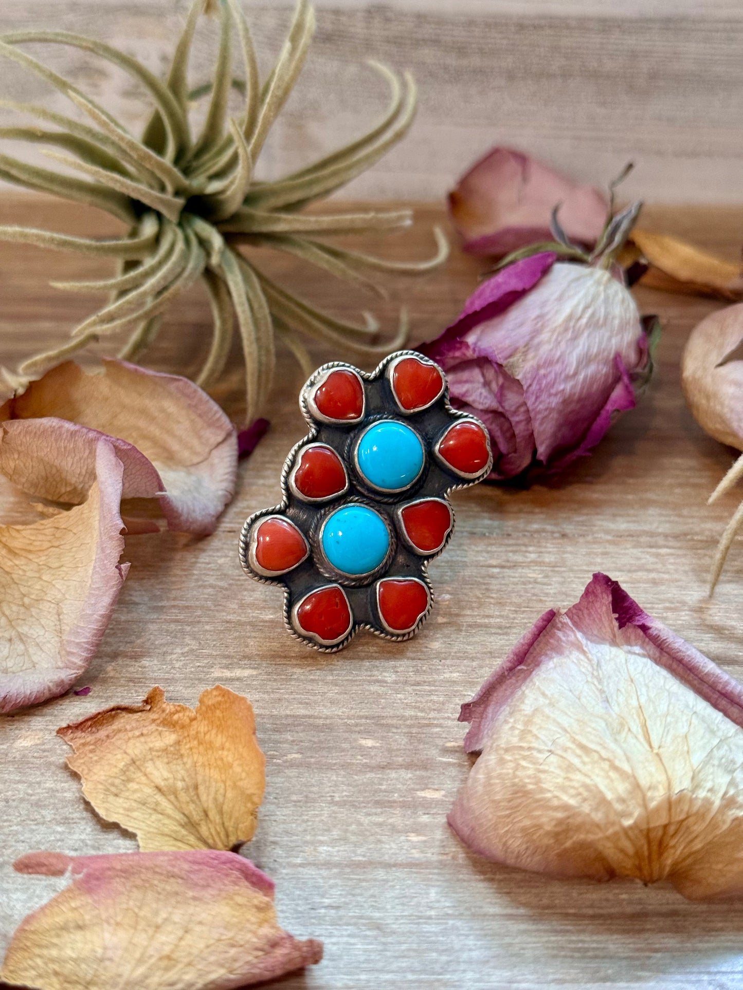 SS Red Coral & Kingman Turquoise Ring – Adjustable
