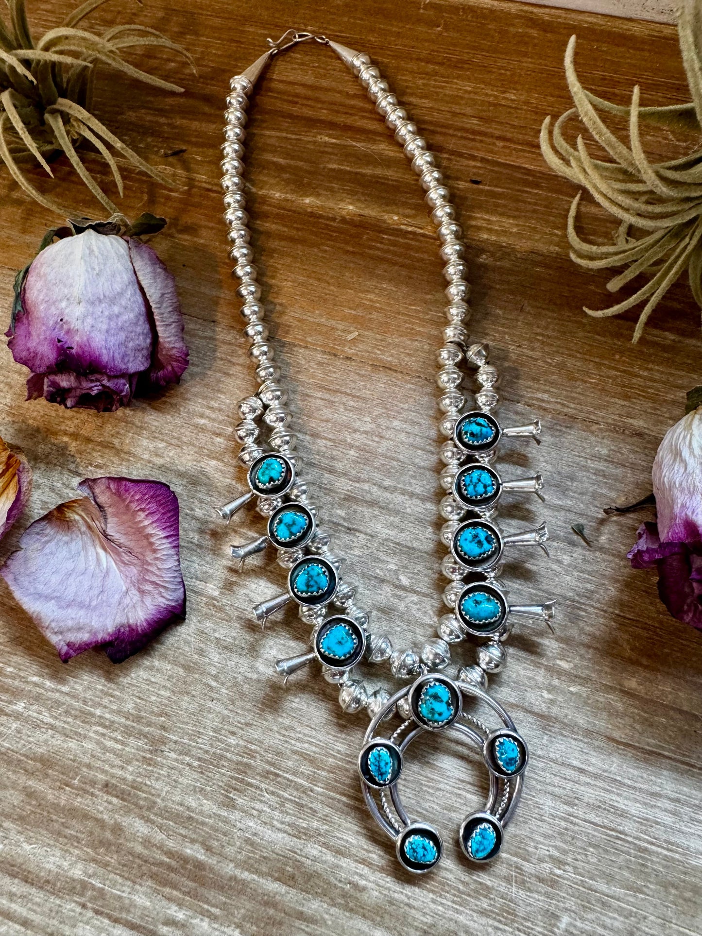 Mini Squash Blossom Set – Kingman Turquoise – Sterling Silver – Native Made – 17.5"