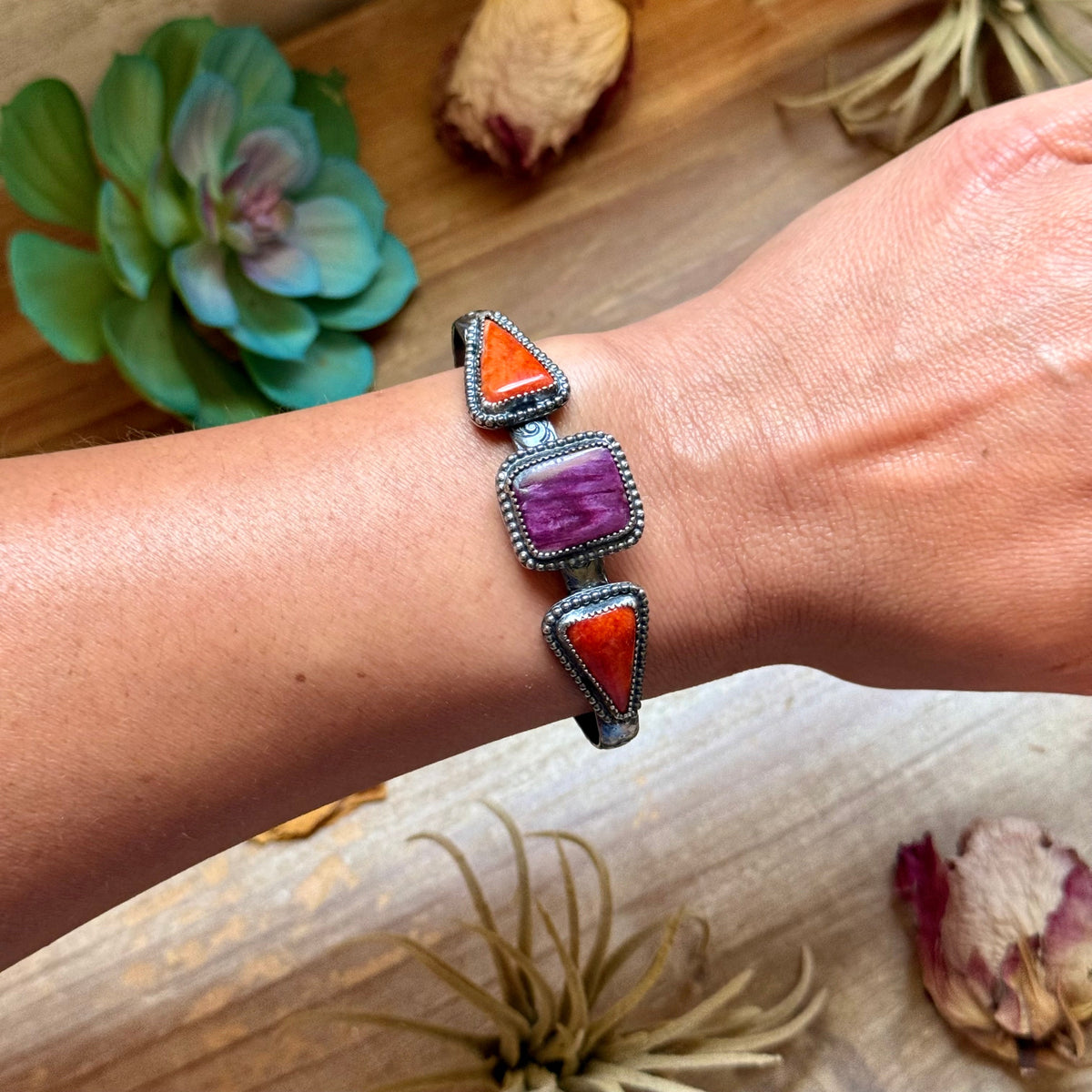 Purple & Red Spiny Oyster Sterling Silver Cuff