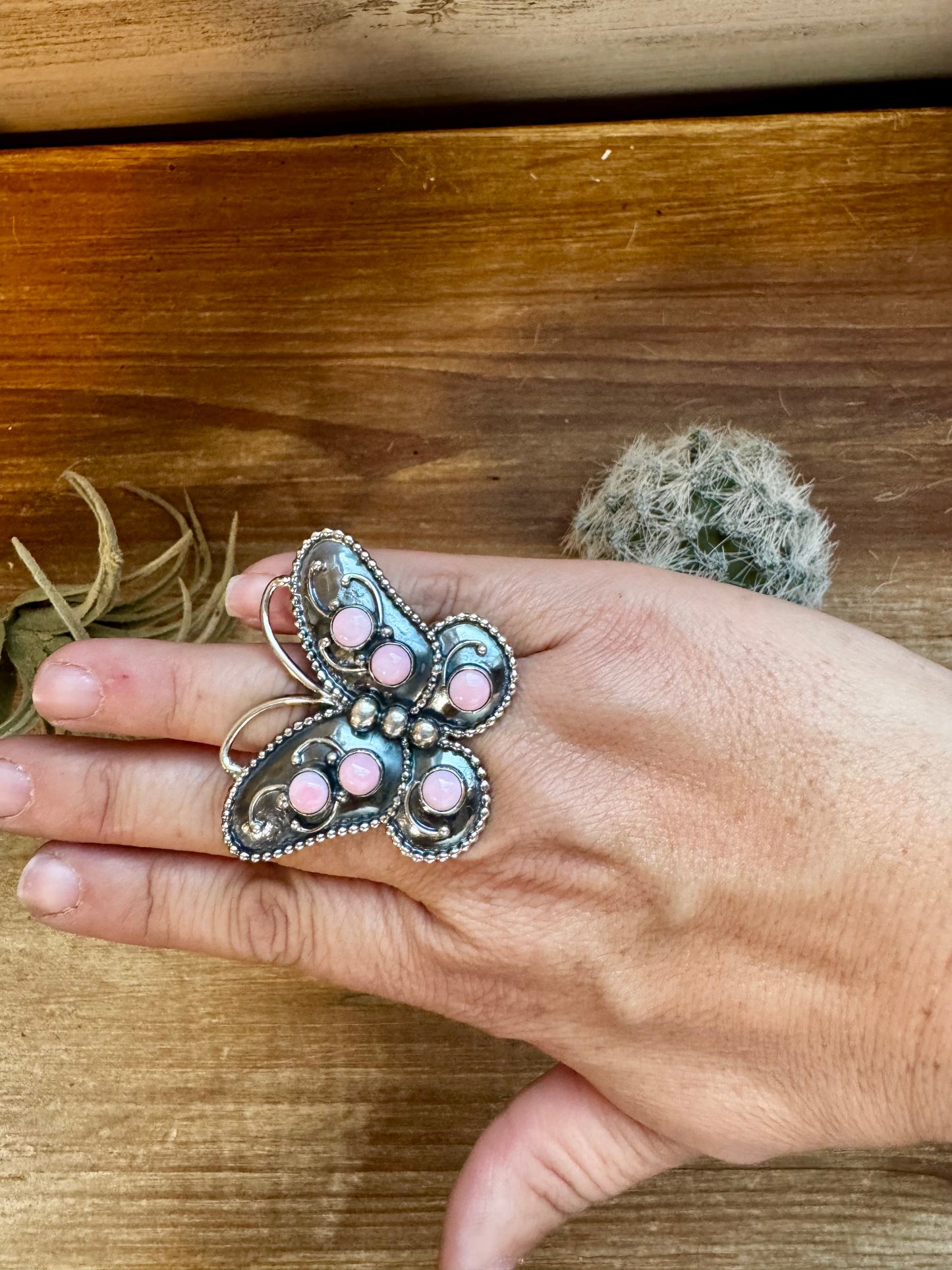 Butterfly ring - size 7.5 - pink conch and sterling silver