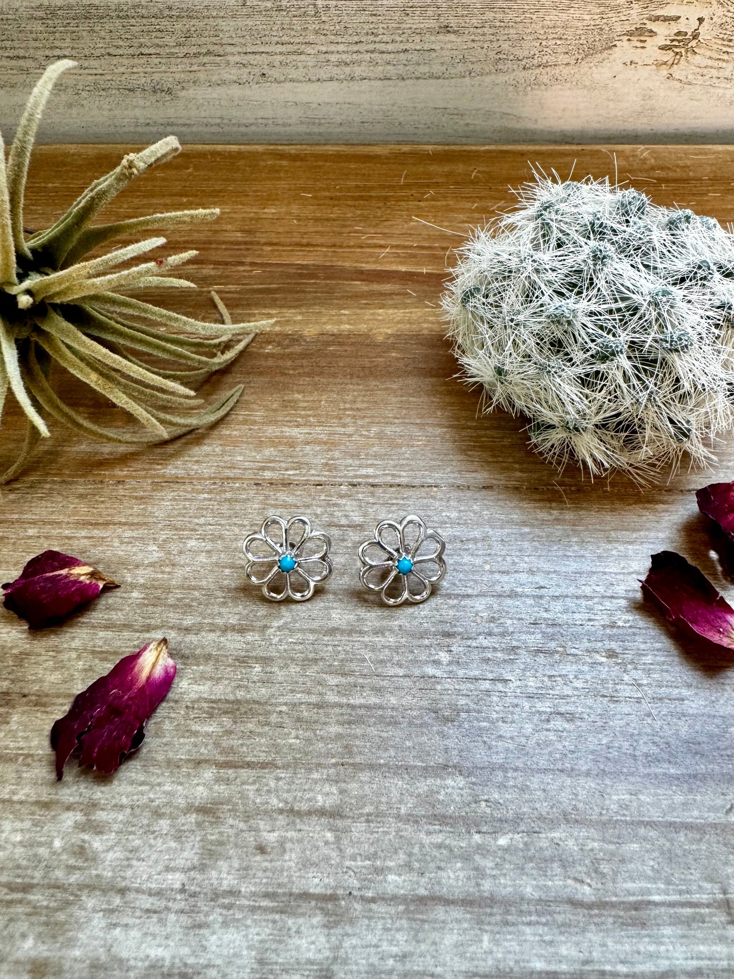 SS Flower Turquoise Zuni Cluster Earrings