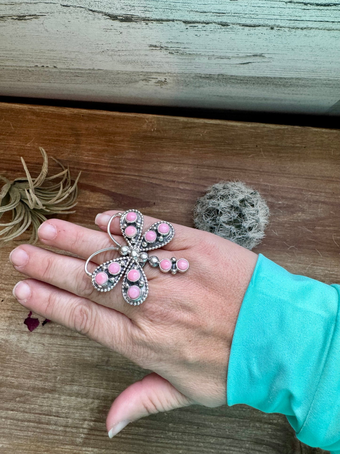 Pink Conch dragonfly ring - size 7 - stamped