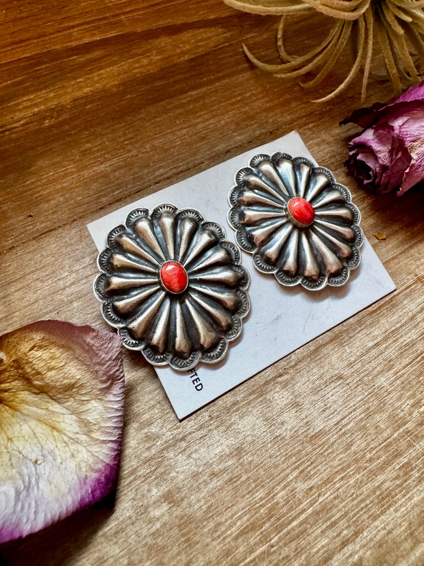Large Concho Earrings with Red Spiny Oyster – Sterling Silver