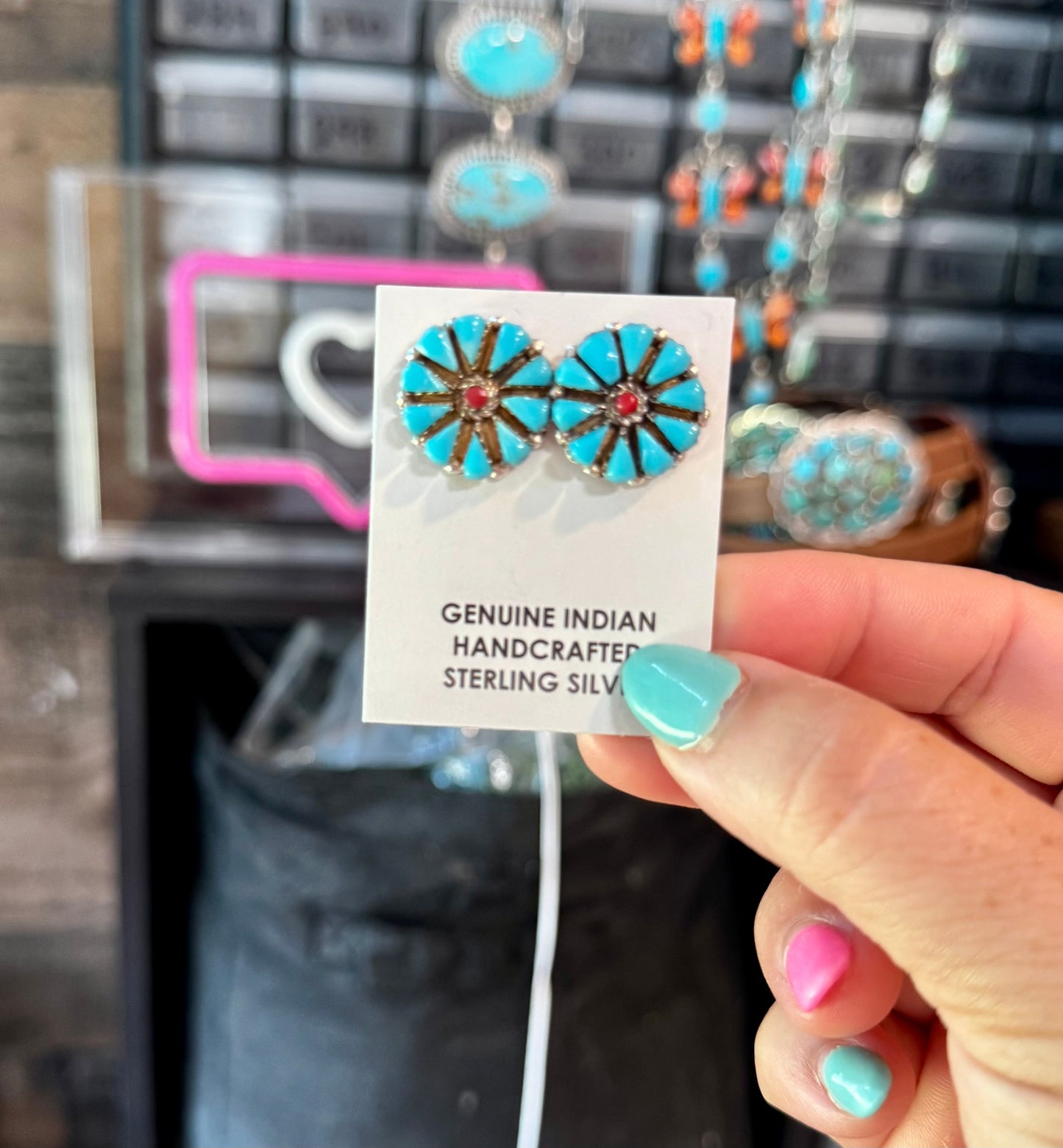 Blue Turquoise & Red Cluster Stud Earrings