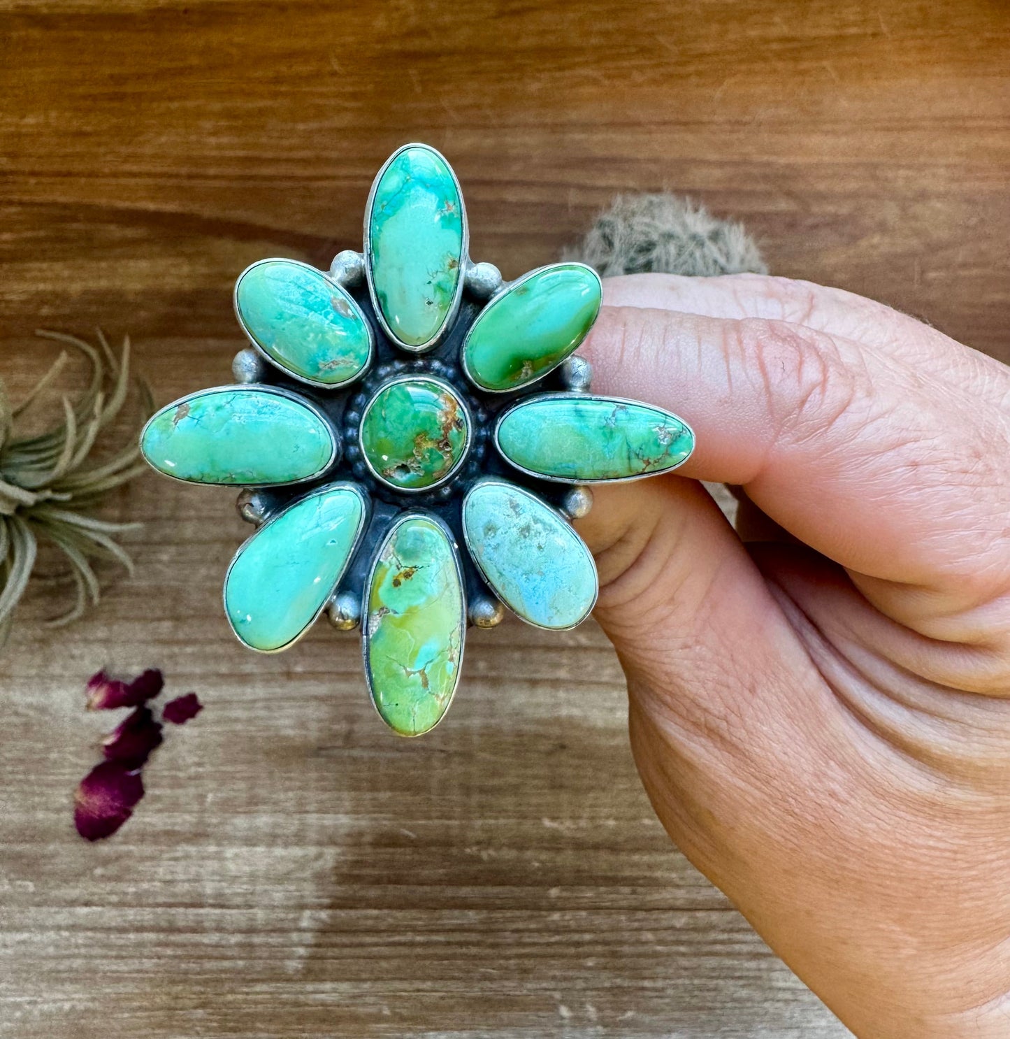Big Flower ring- size 9 - Sonoran Gold turquoise