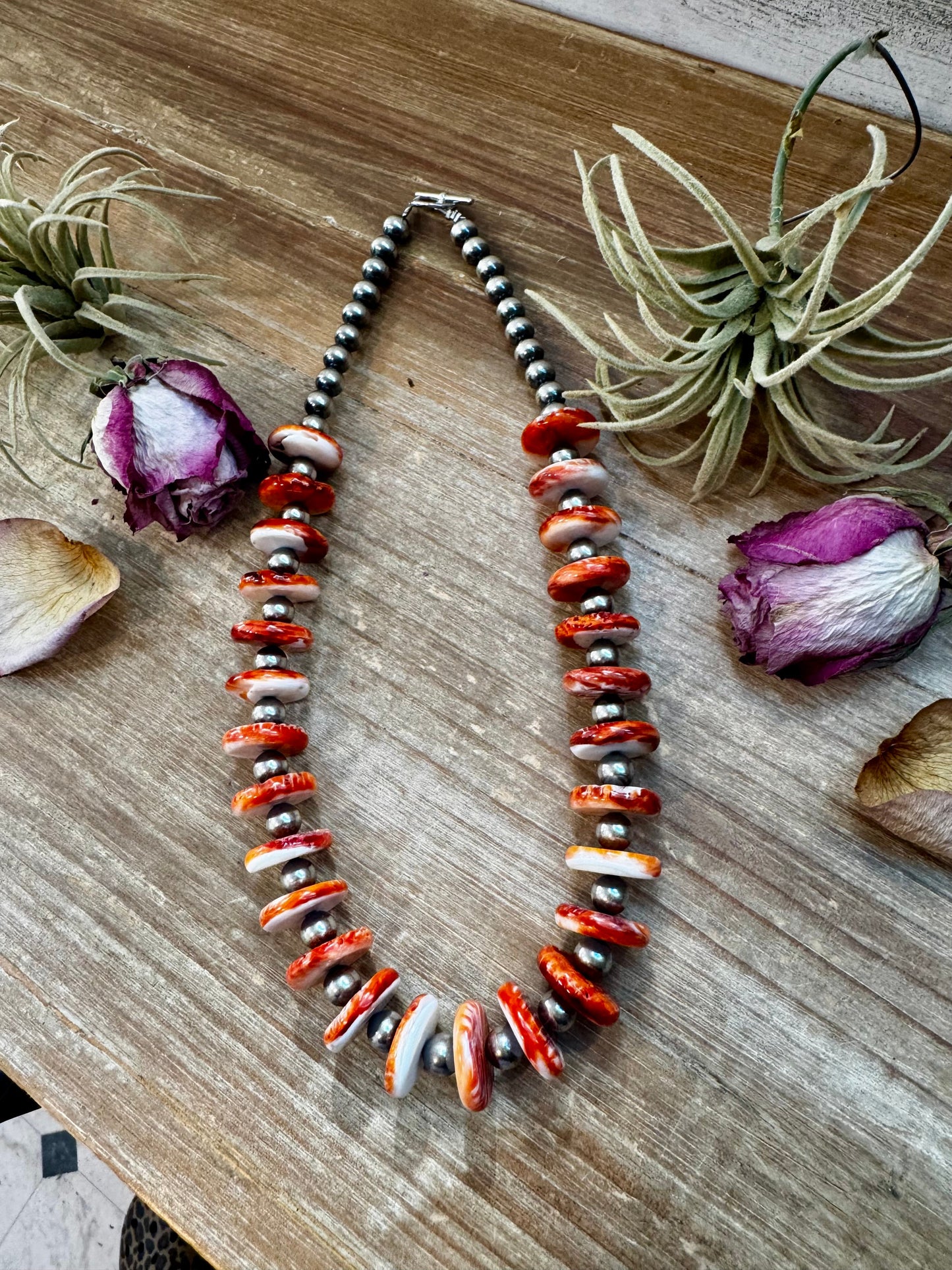 NFR Collection Necklace – 8mm Sterling Silver Pearls with 16mm Spiny Oyster Rondelle – 20"