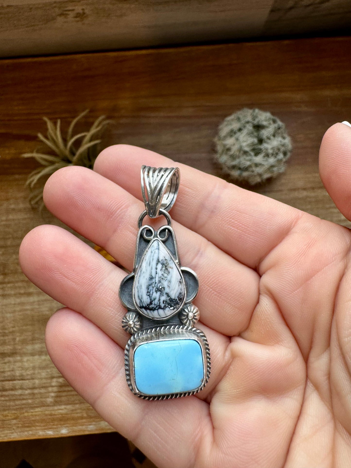 2 stone Pendant - Golden Hill turquoise & White Buffalo