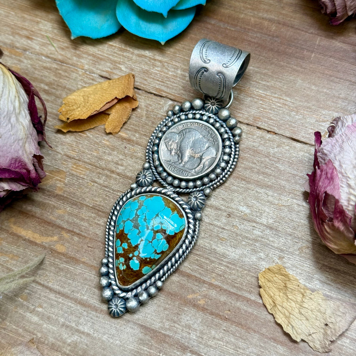 SS Mine #8 Turquoise & Buffalo Nickel Pendant by Shay Pfeiffer