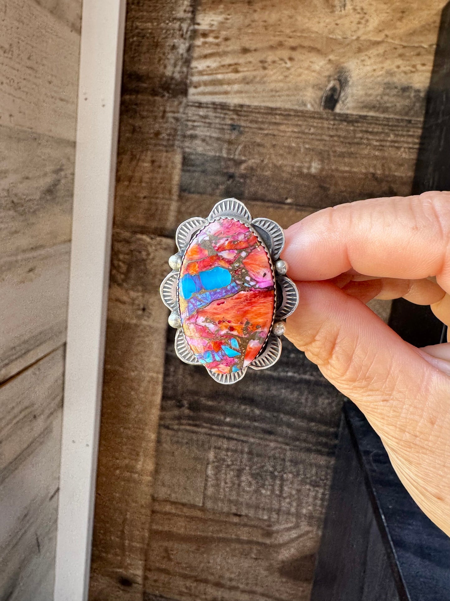 Adjustable Ring – Pink Dahlia Stone – Sterling Silver – Tia Long Navajo Handmade