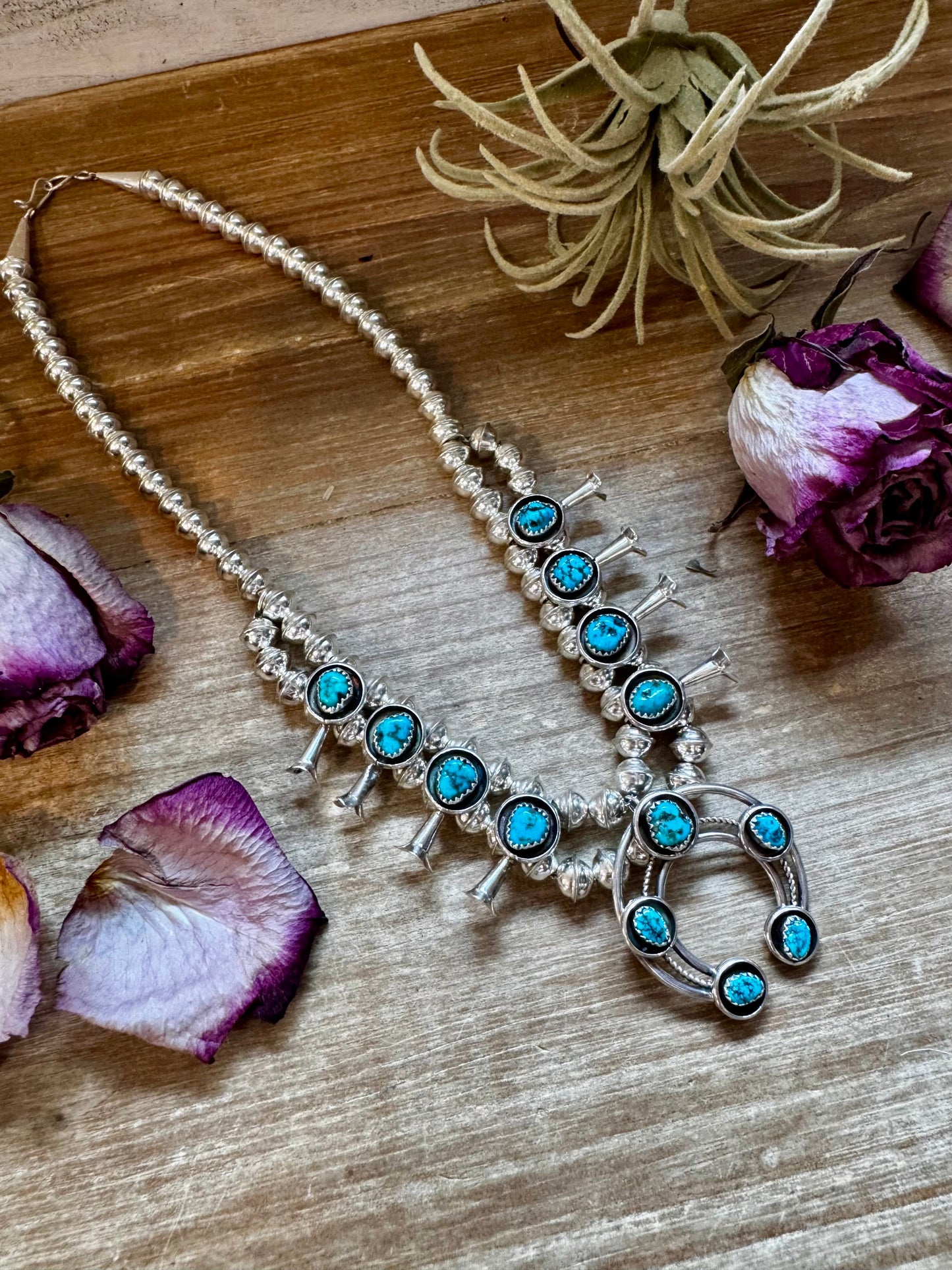 Mini Squash Blossom Set – Kingman Turquoise – Sterling Silver – Native Made – 17.5"