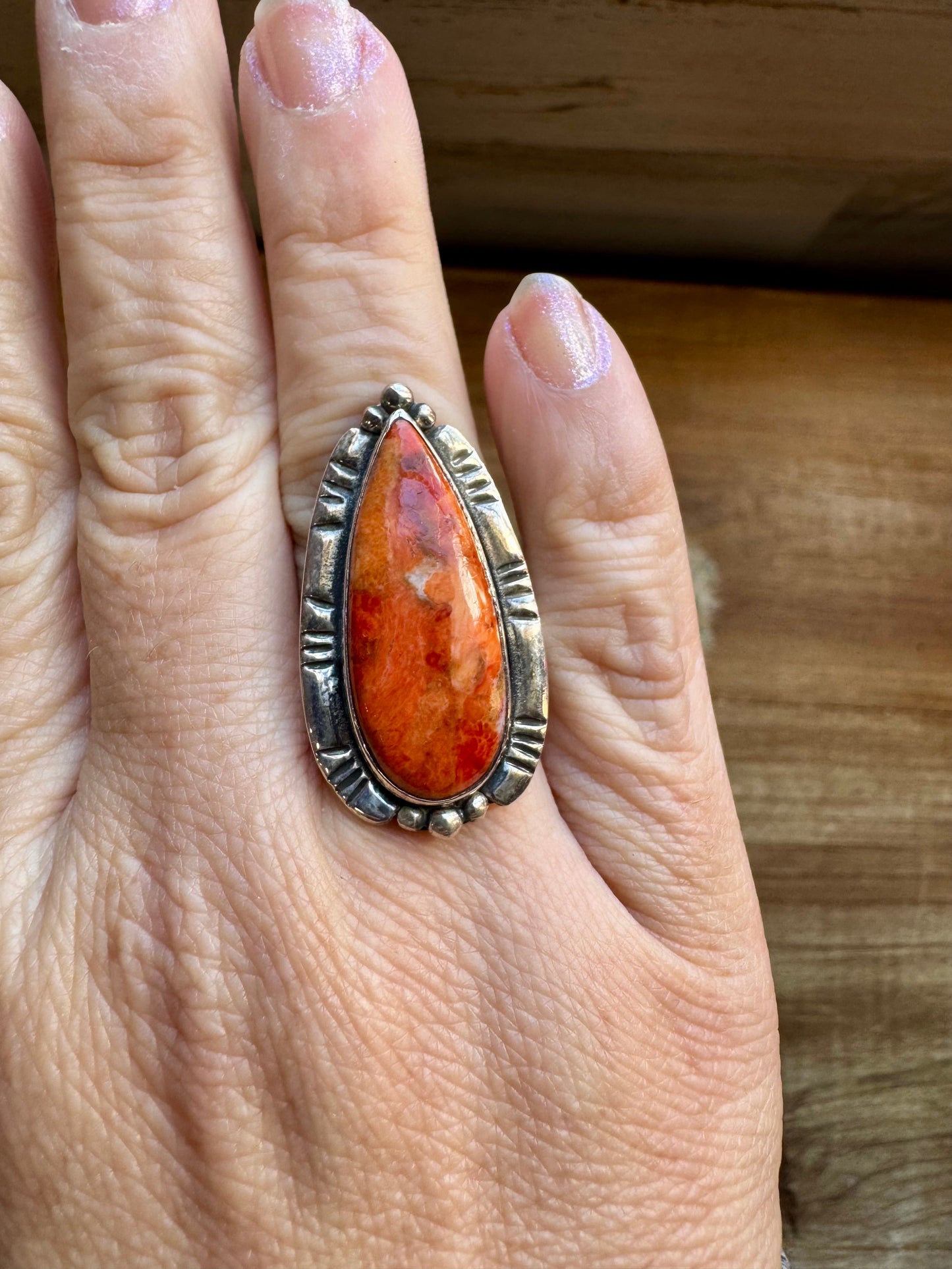 Long Ring - Adjustable - Corral & Sterling Silver