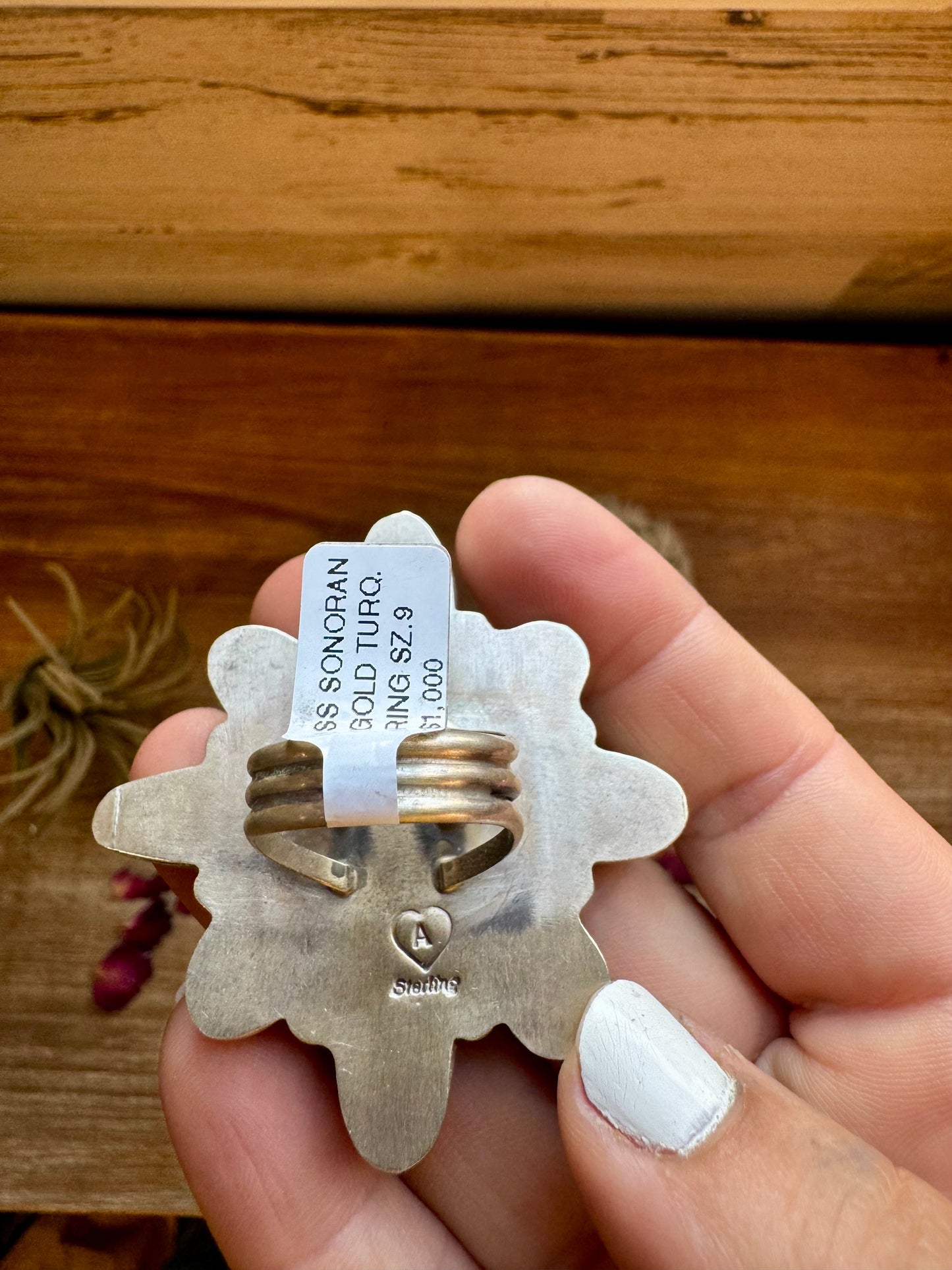 Big Flower ring- size 9 - Sonoran Gold turquoise