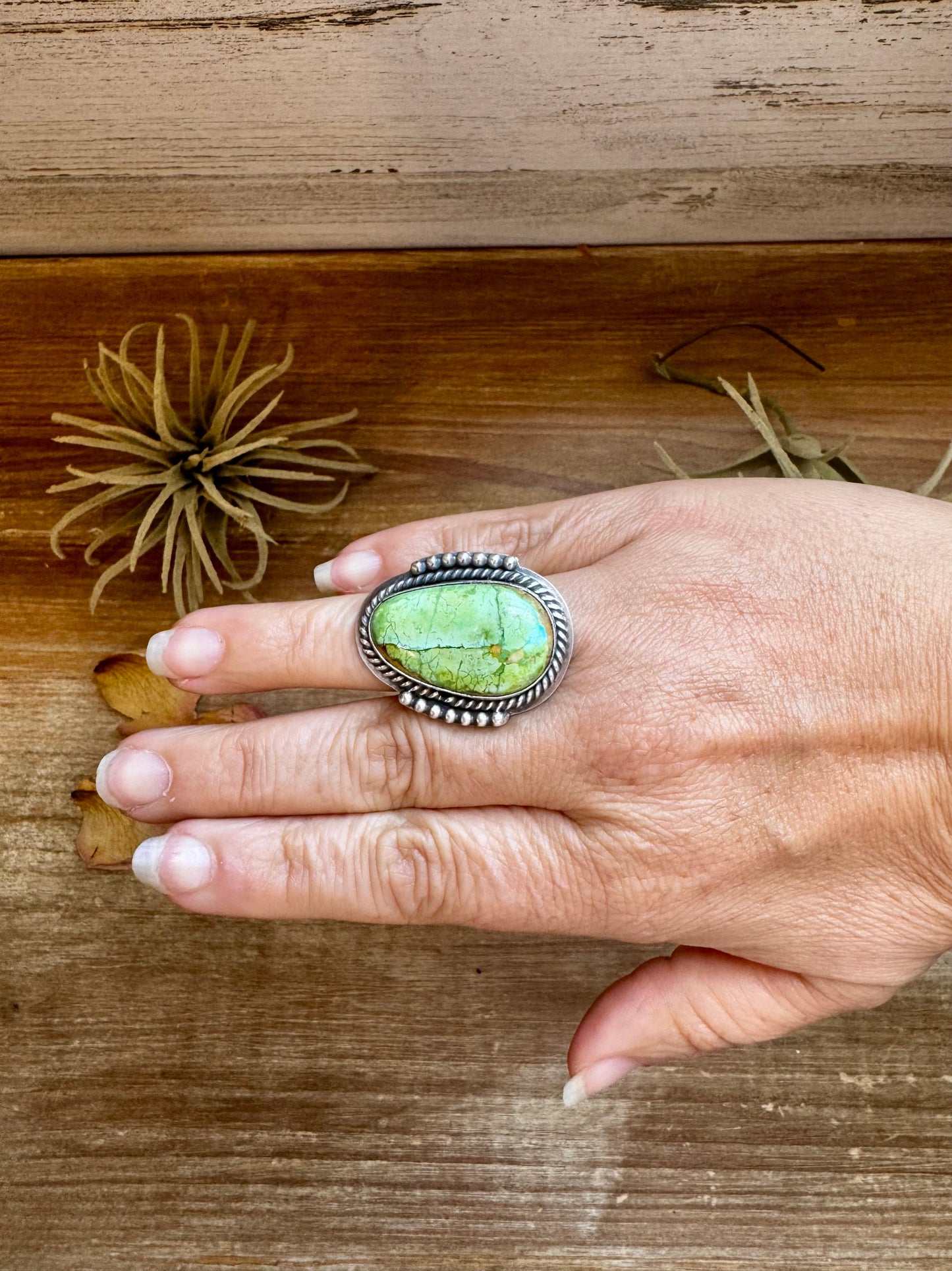Adjustable Green Turquoise Ring – Sterling Silver
