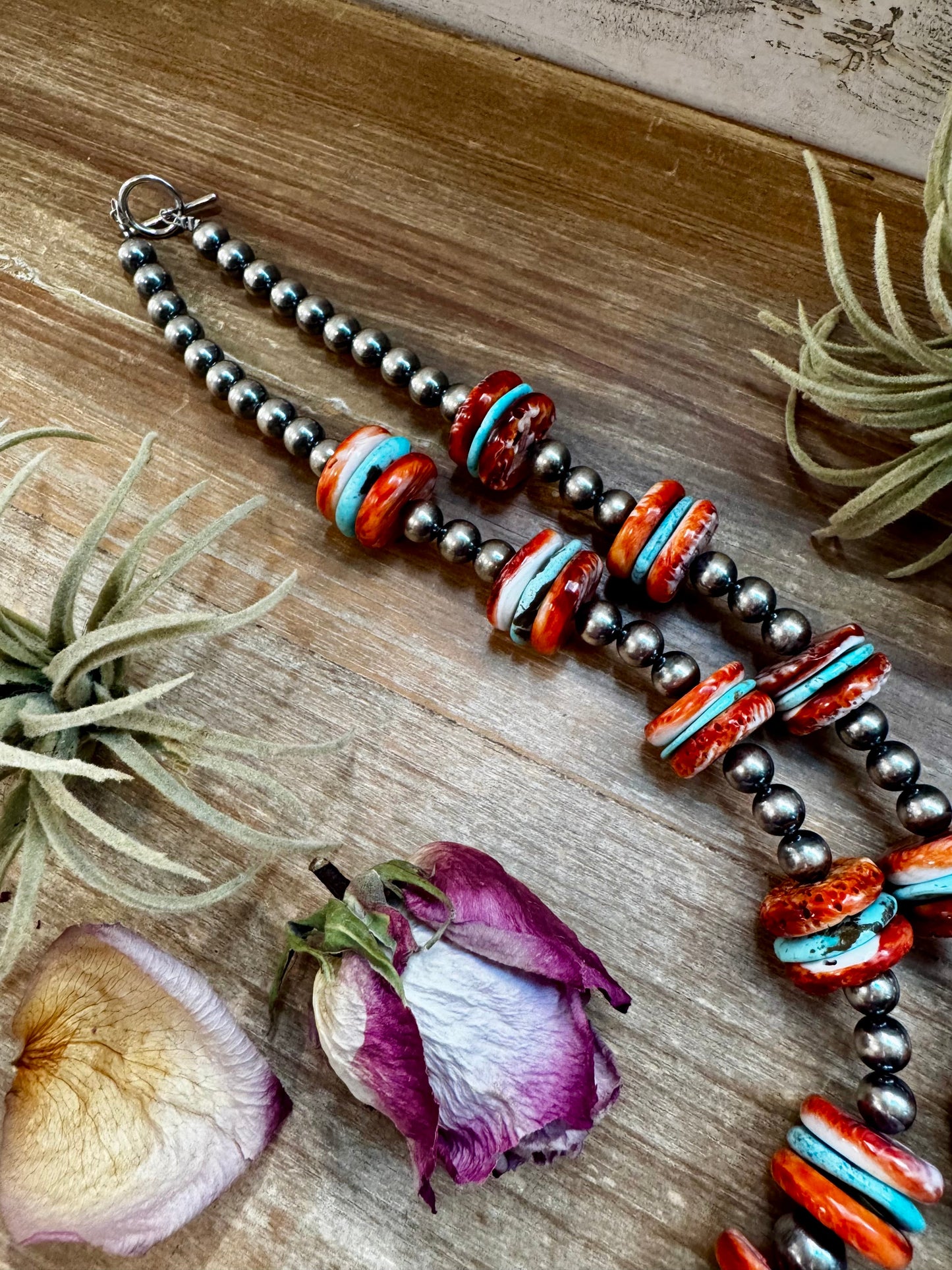 NFR Collection Necklace – 8MM to 20MM graduated with Turquoise & Spiny Oyster – 29"