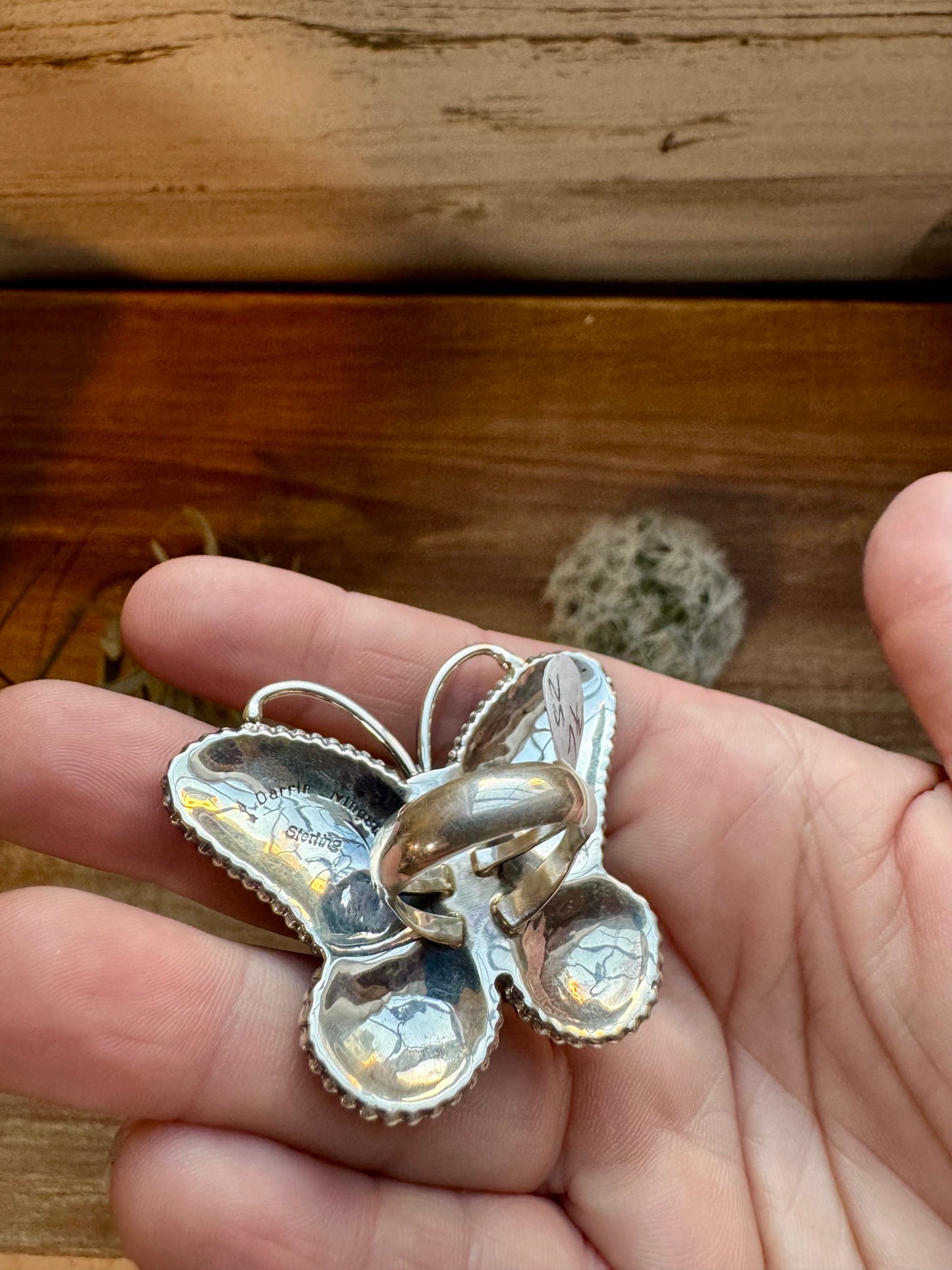 Butterfly ring - size 7.5 - pink conch and sterling silver