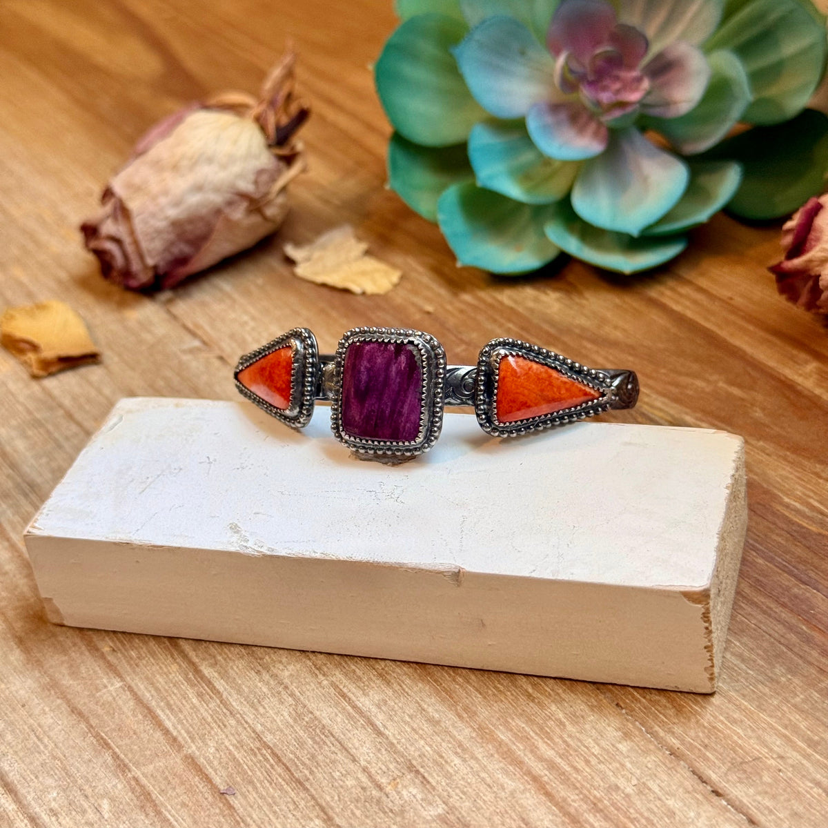 Purple & Red Spiny Oyster Sterling Silver Cuff