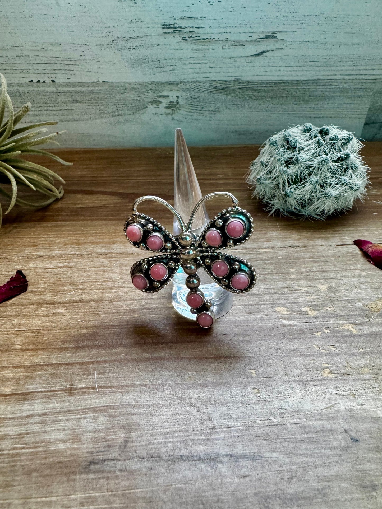 Pink Conch dragonfly ring - size 7 - stamped