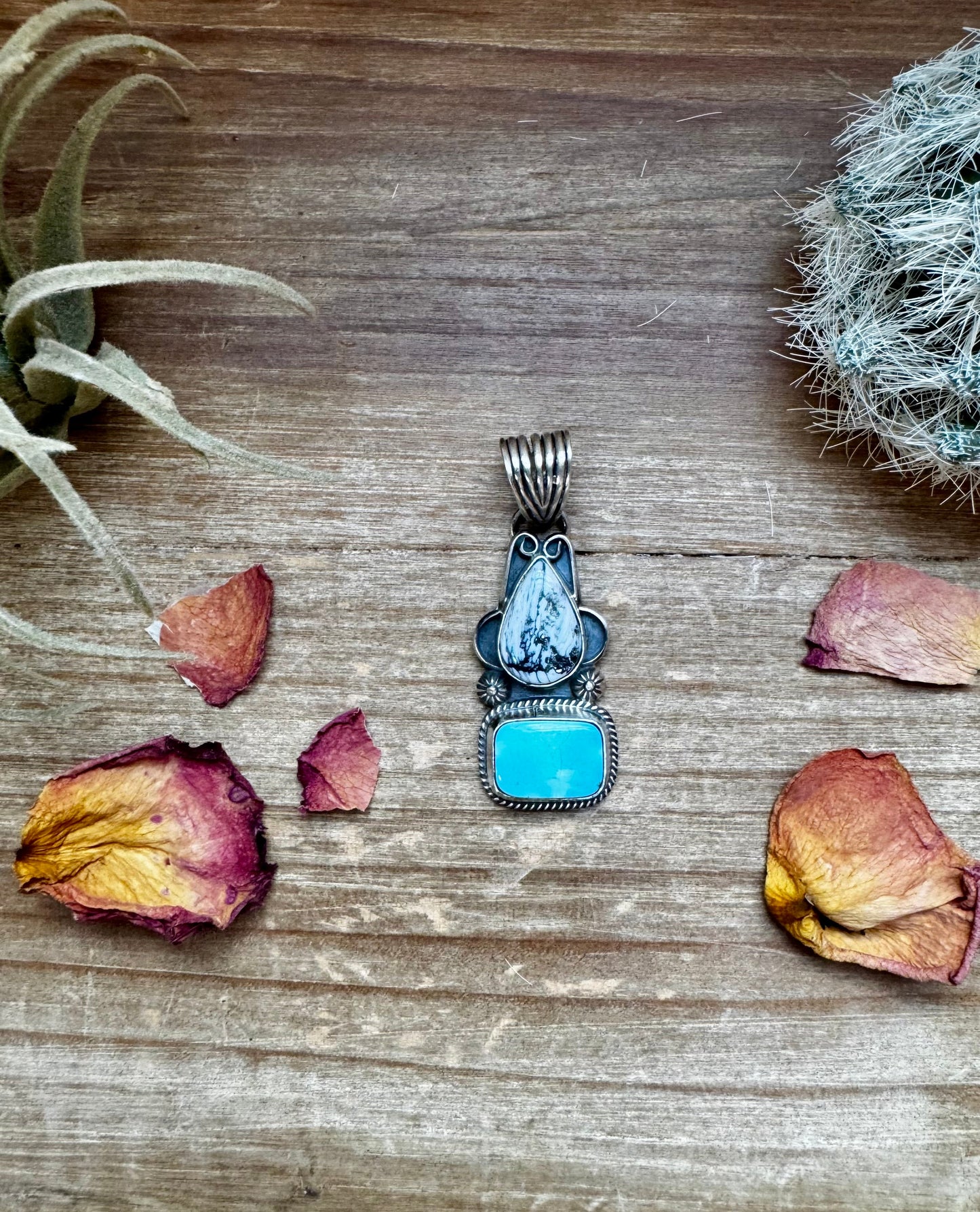 2 stone Pendant - Golden Hill turquoise & White Buffalo