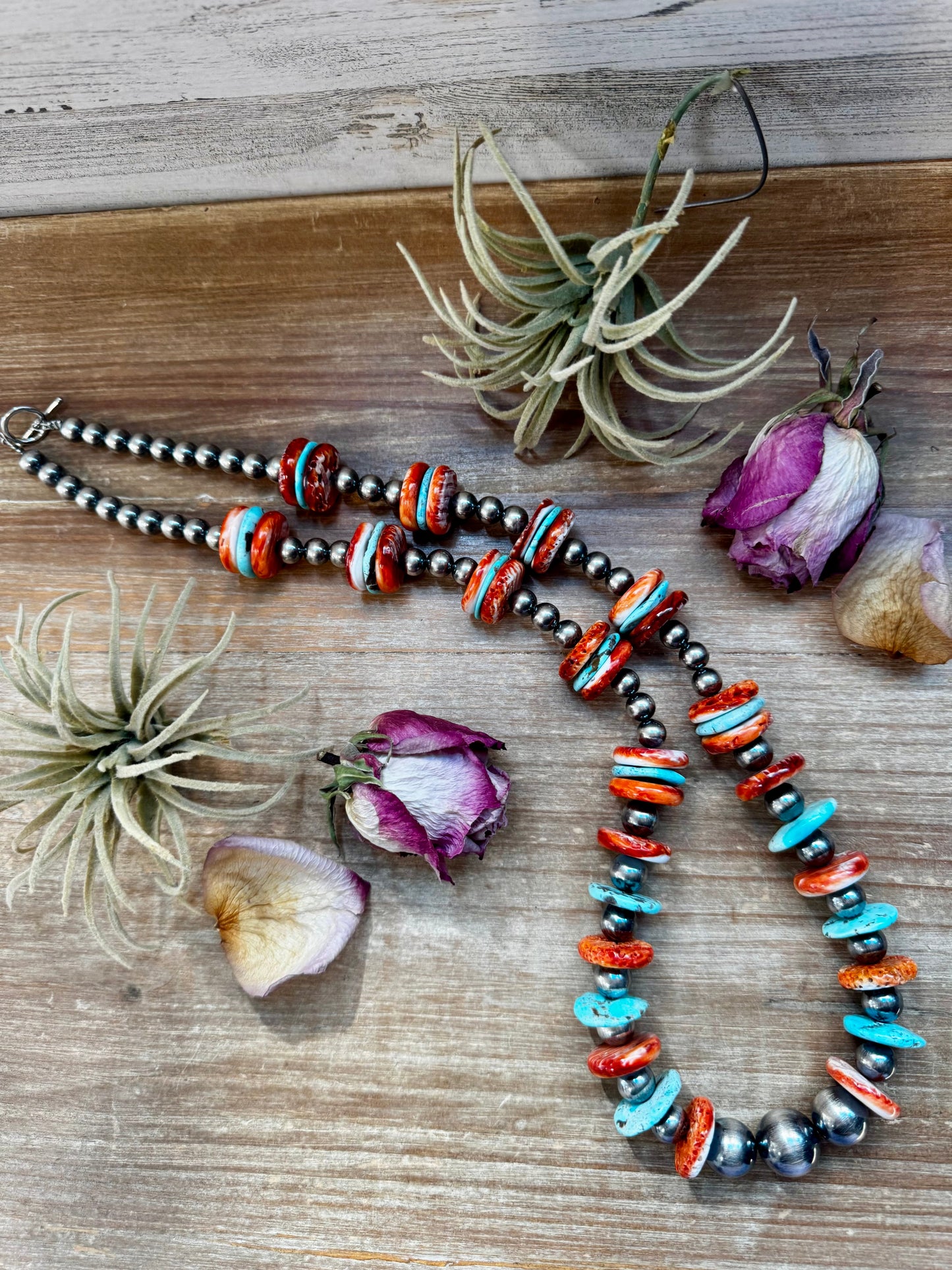 NFR Collection Necklace – 8MM to 20MM graduated with Turquoise & Spiny Oyster – 29"