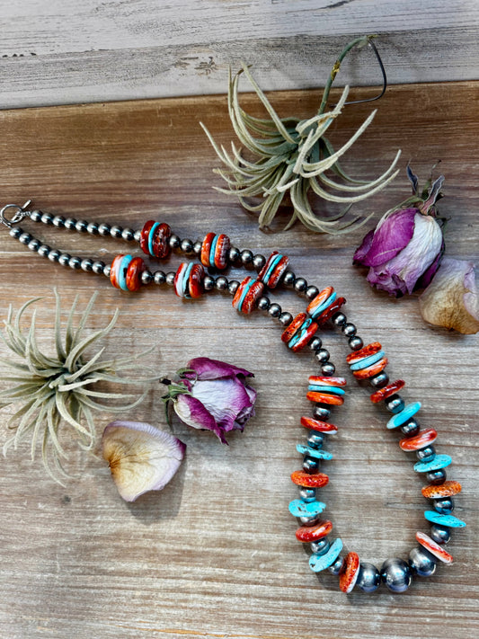 NFR Collection Necklace – 8MM to 20MM graduated with Turquoise & Spiny Oyster – 29"