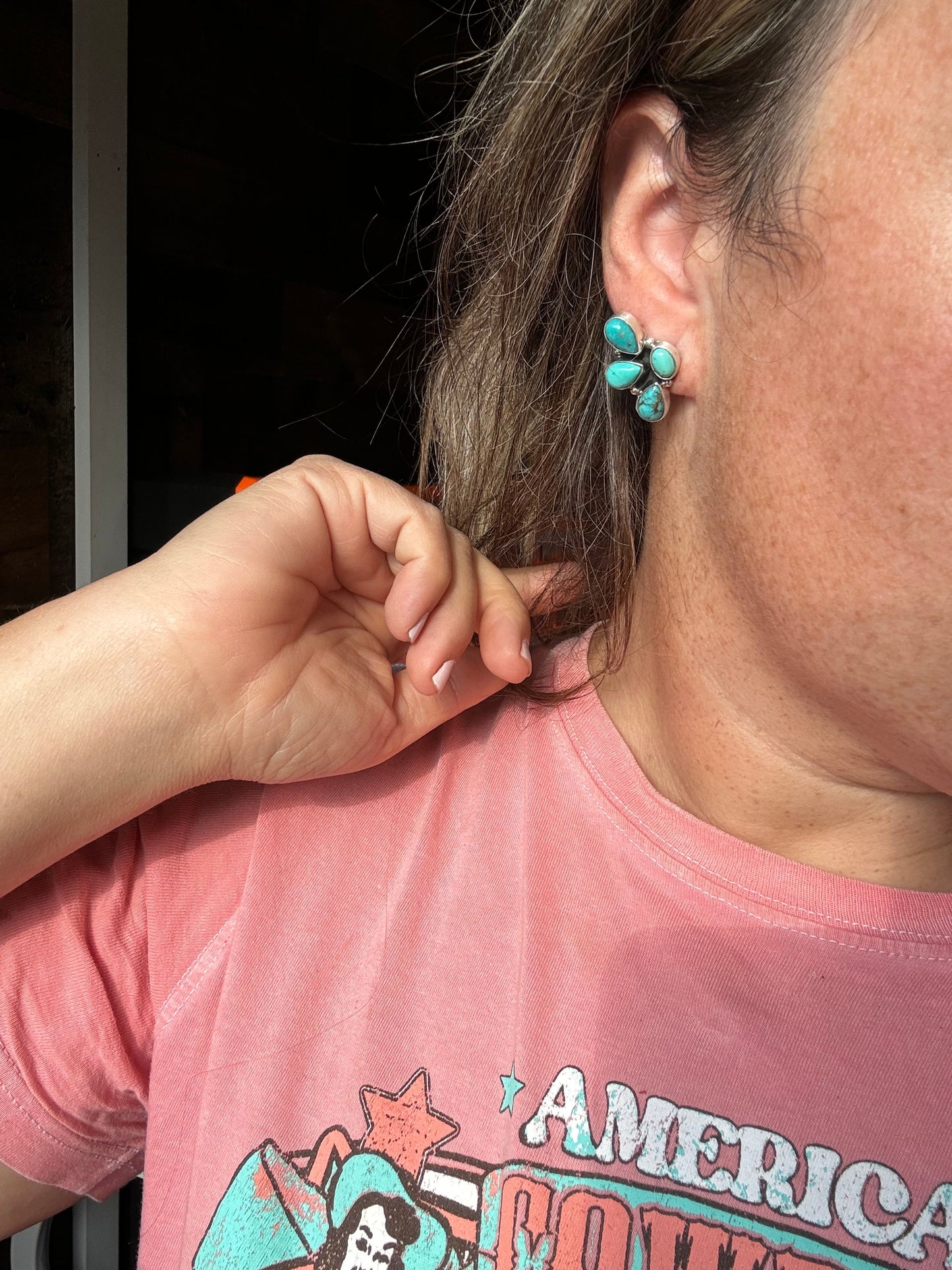 Kingman Turquoise Stud Earrings – Sterling Silver – Navajo Made by Marcella James