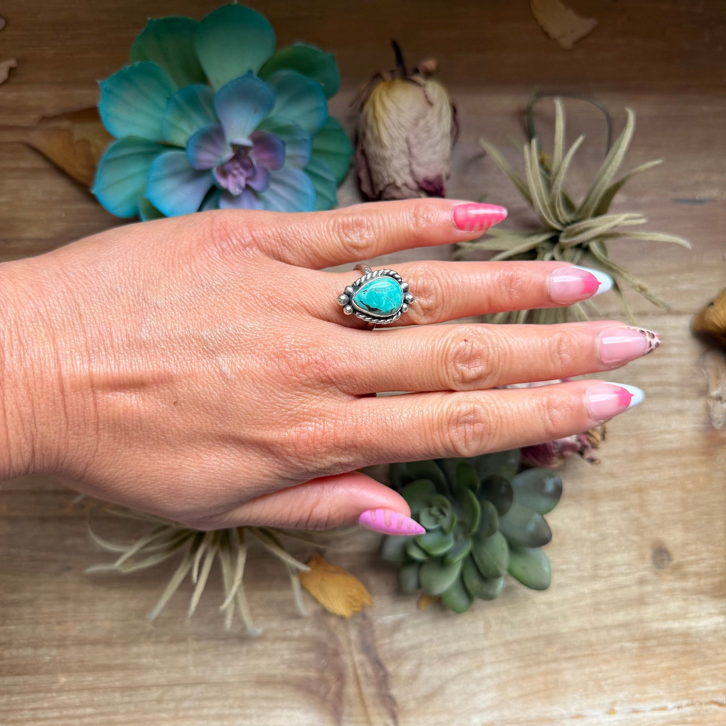 SS Tyrone Turquoise Medicine Man Eye Stamped Stacking Ring by Jason Ogg