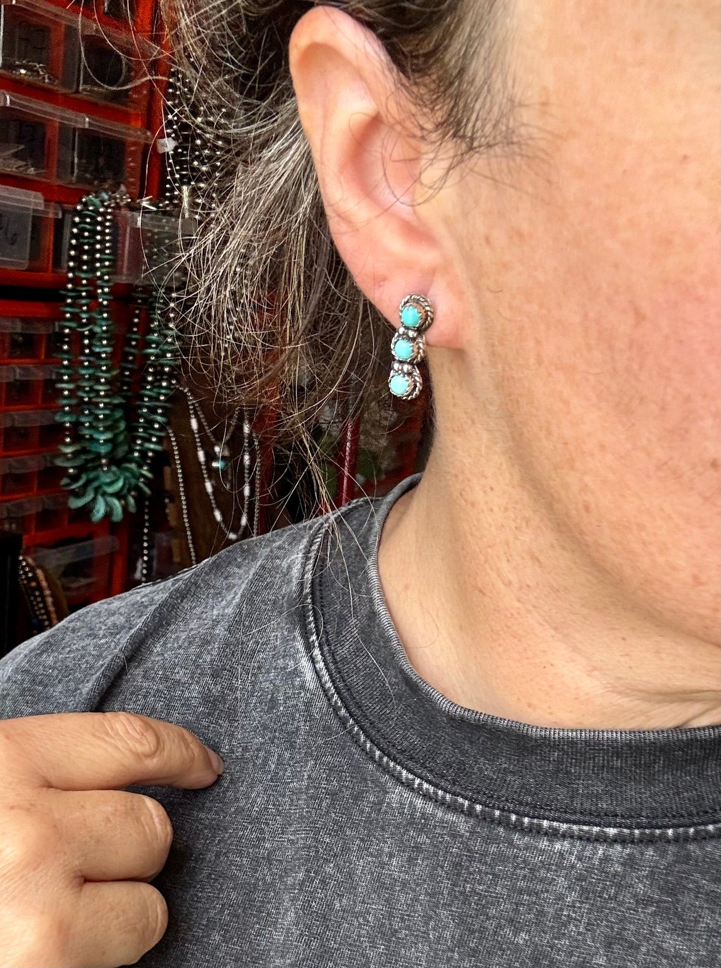 SS Triple Kingman Turquoise Stud Earrings