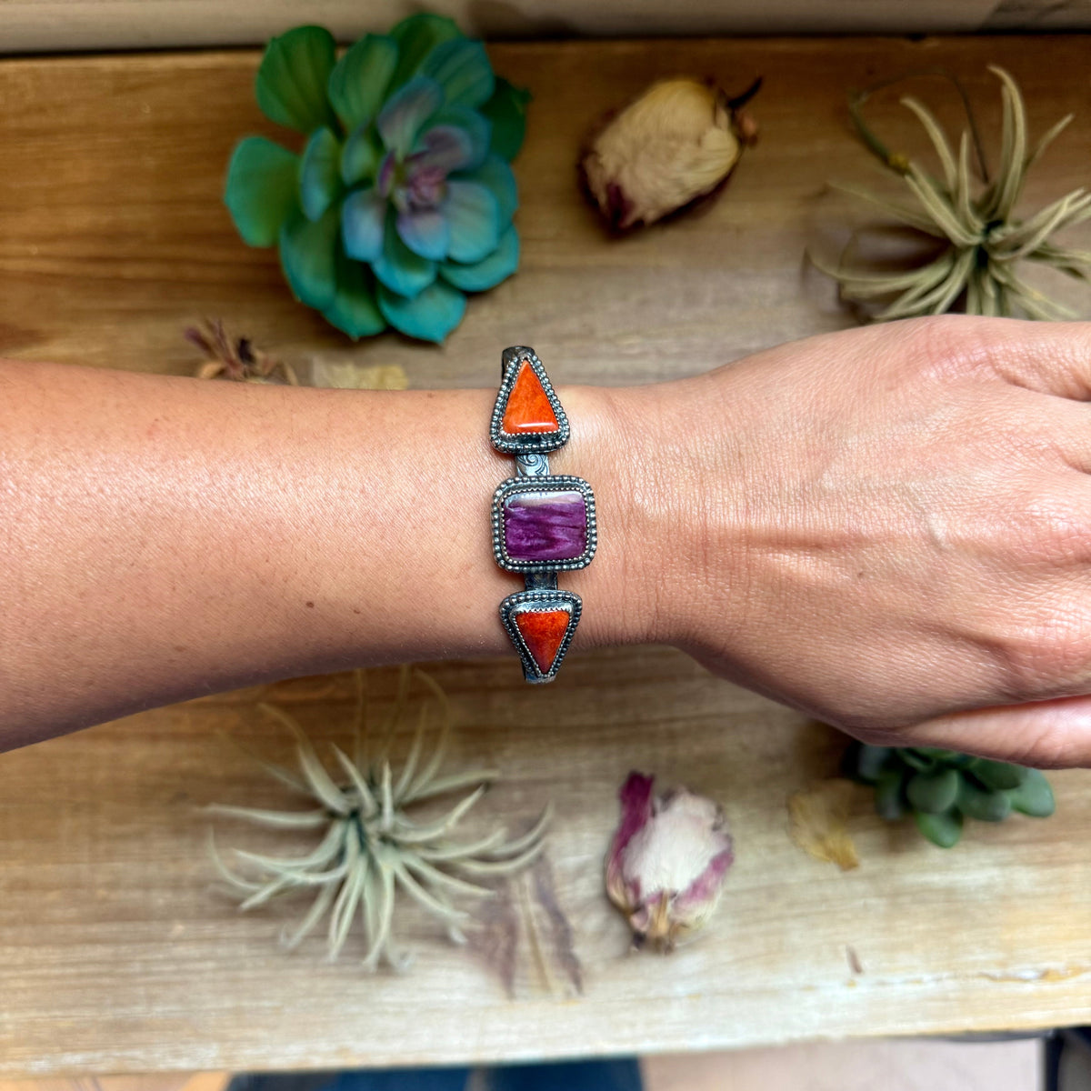 Purple & Red Spiny Oyster Sterling Silver Cuff
