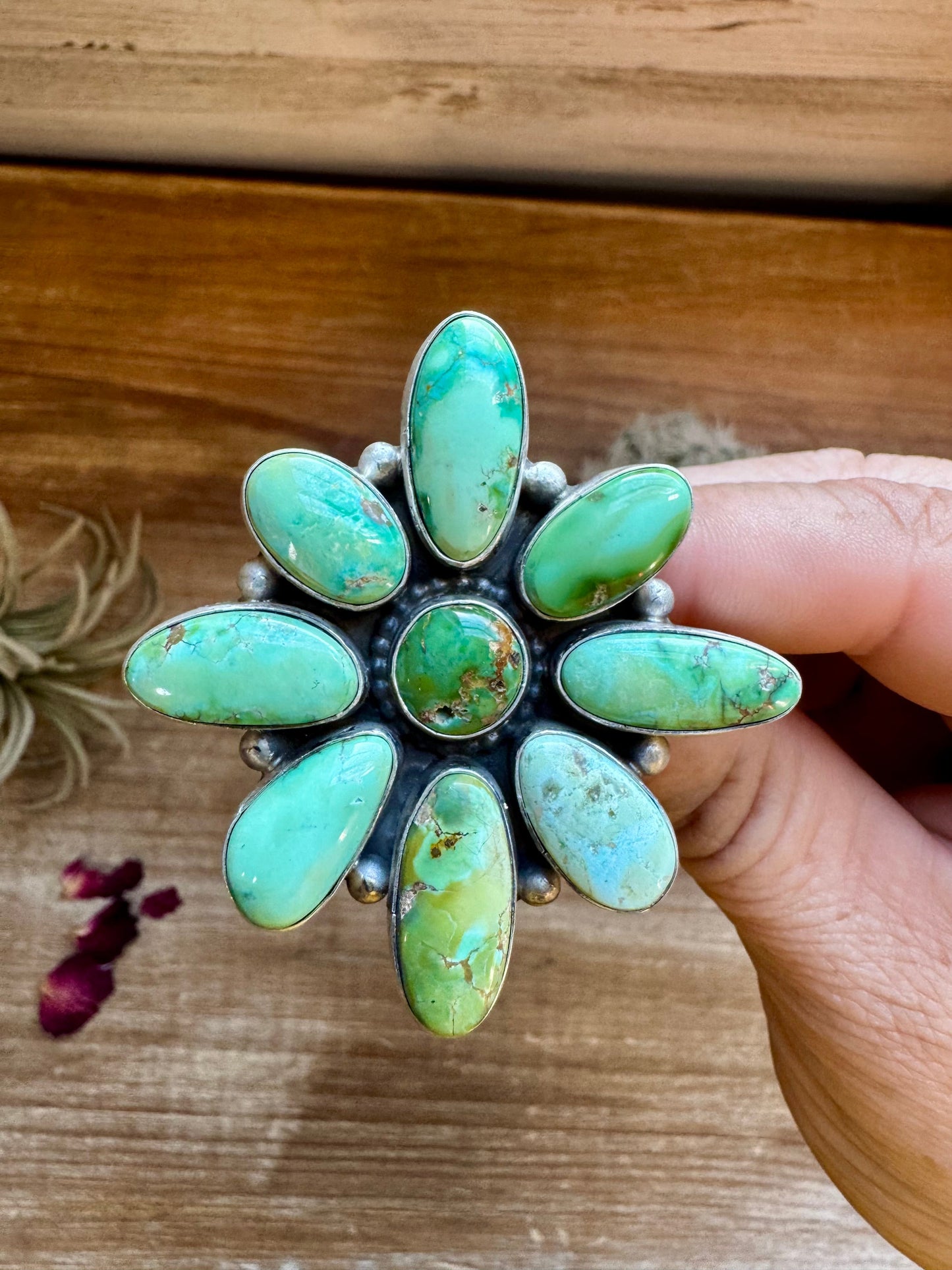 Big Flower ring- size 9 - Sonoran Gold turquoise