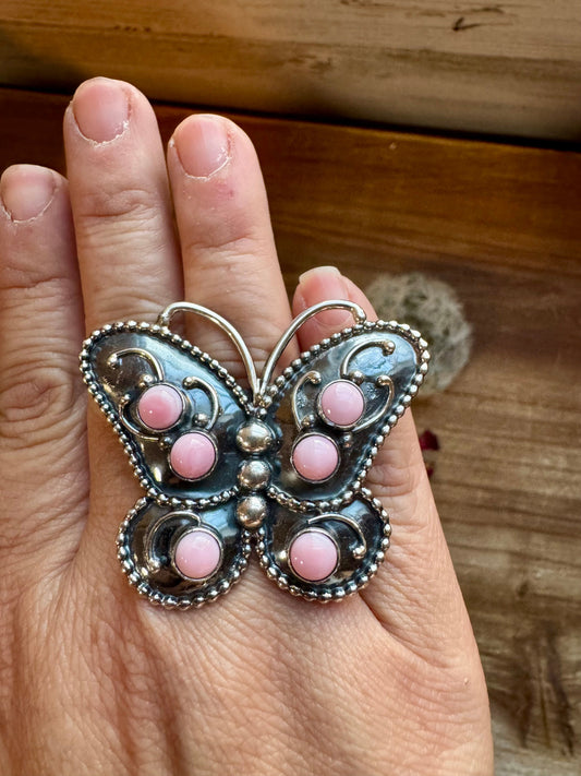 Butterfly ring - size 7.5 - pink conch and sterling silver