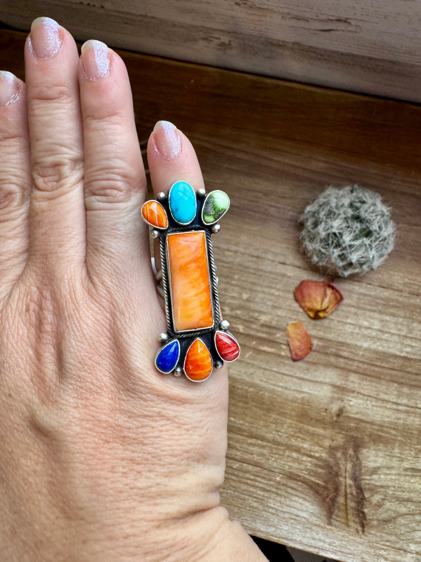 Long Ring - Size 4 1/2 - mix stone turquoise & spiny