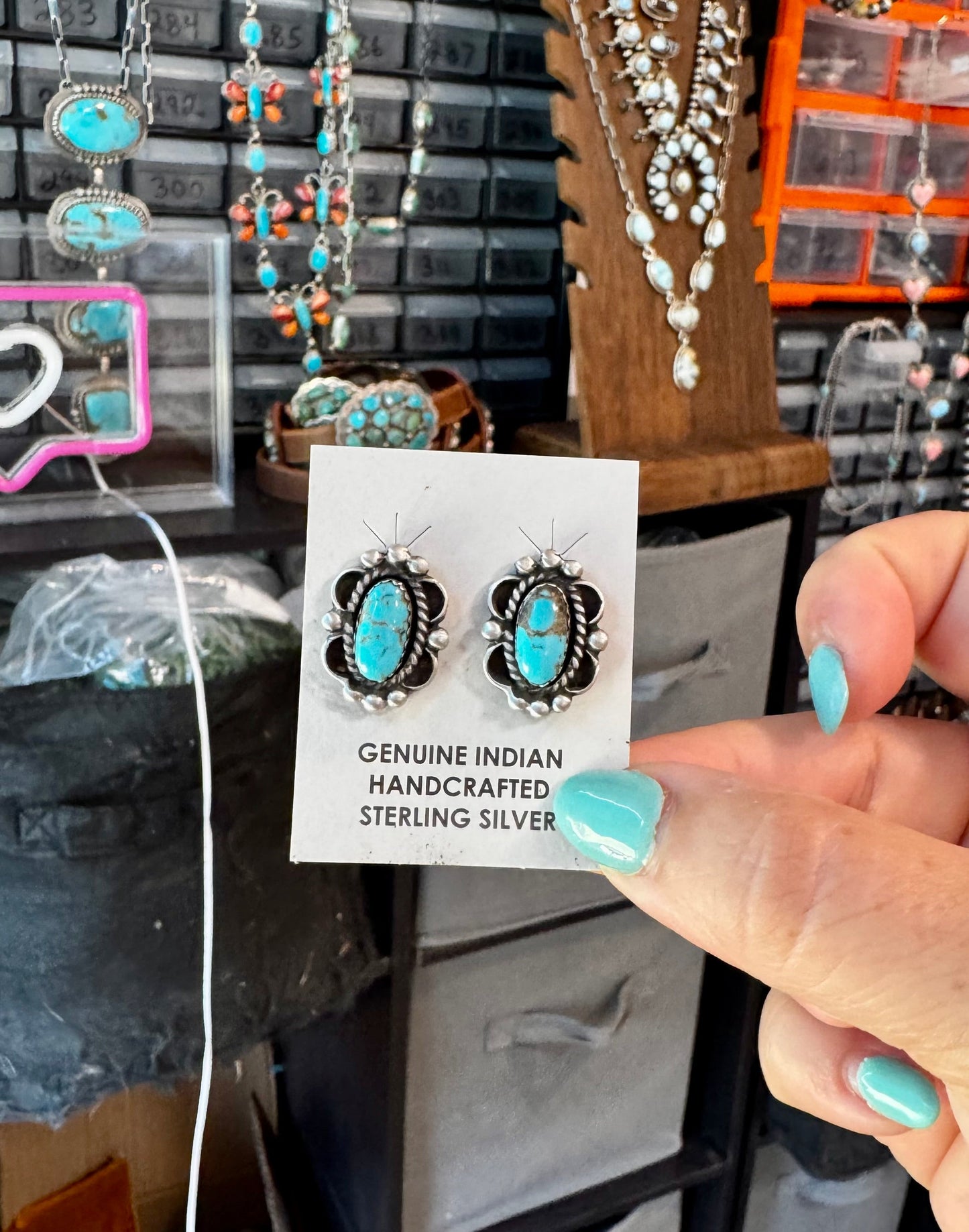 Kingman Turquoise & Silver Pearl Stud Earrings – Native Made by L. Silversmith