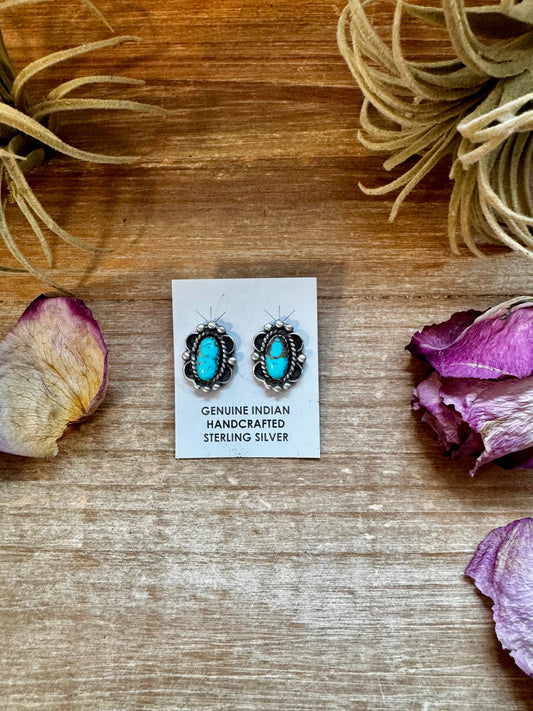Kingman Turquoise & Silver Pearl Stud Earrings – Native Made by L. Silversmith