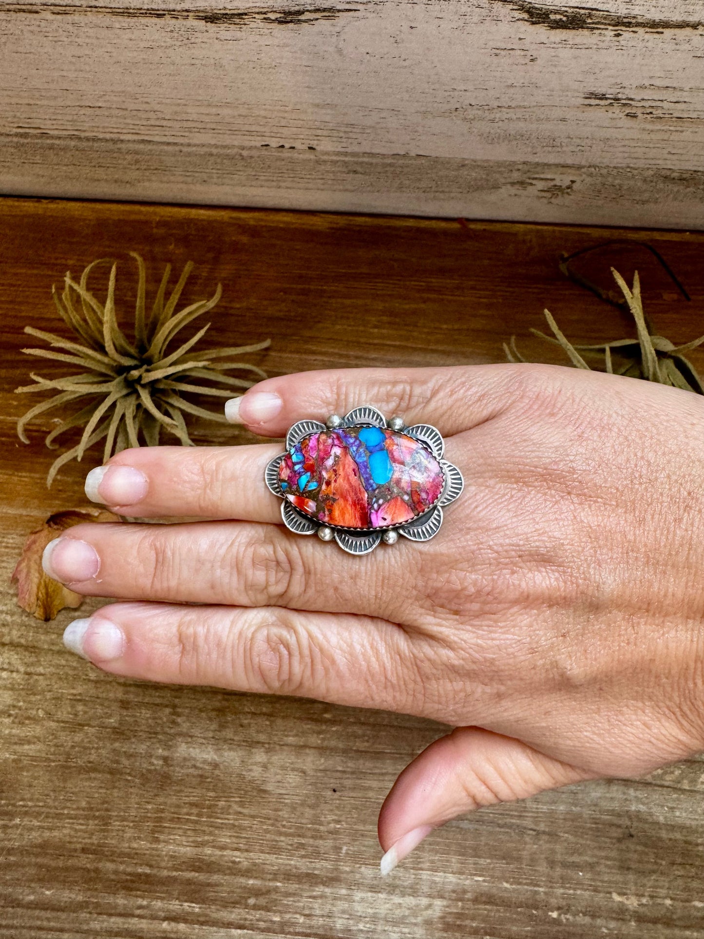 Adjustable Ring – Pink Dahlia Stone – Sterling Silver – Tia Long Navajo Handmade
