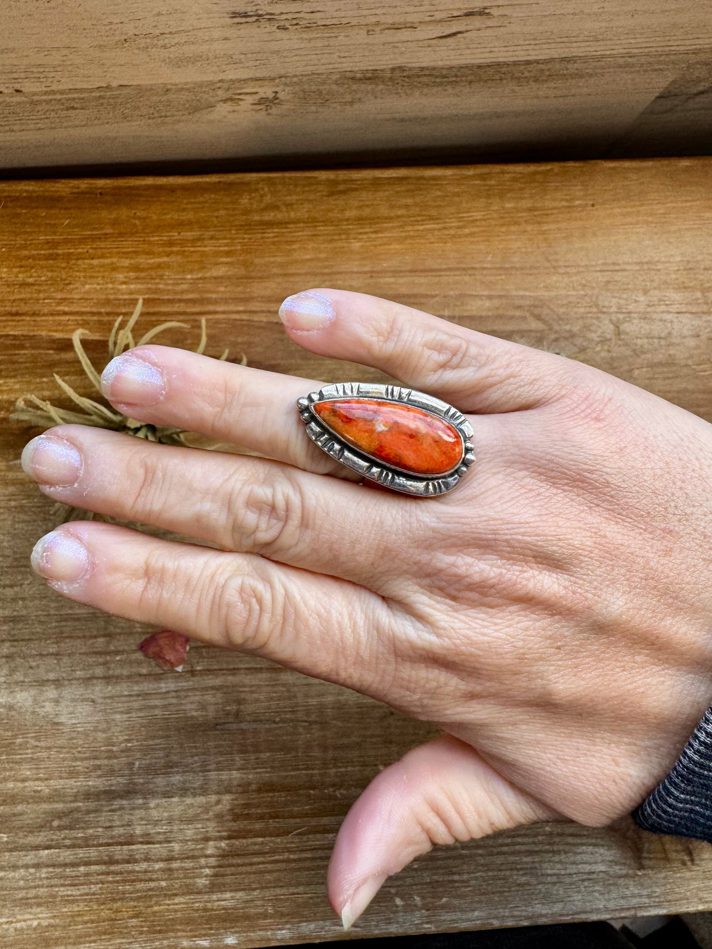 Long Ring - Adjustable - Corral & Sterling Silver