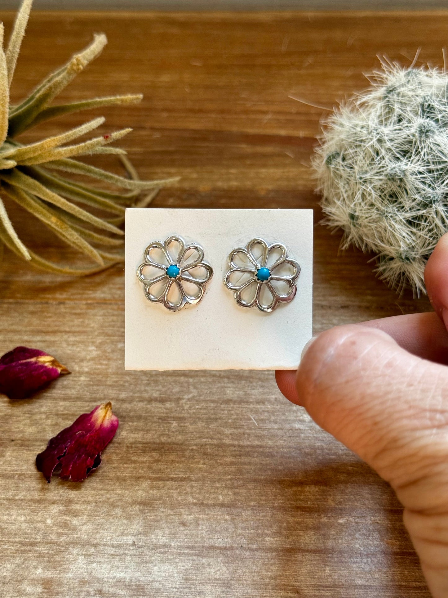 SS Flower Turquoise Zuni Cluster Earrings