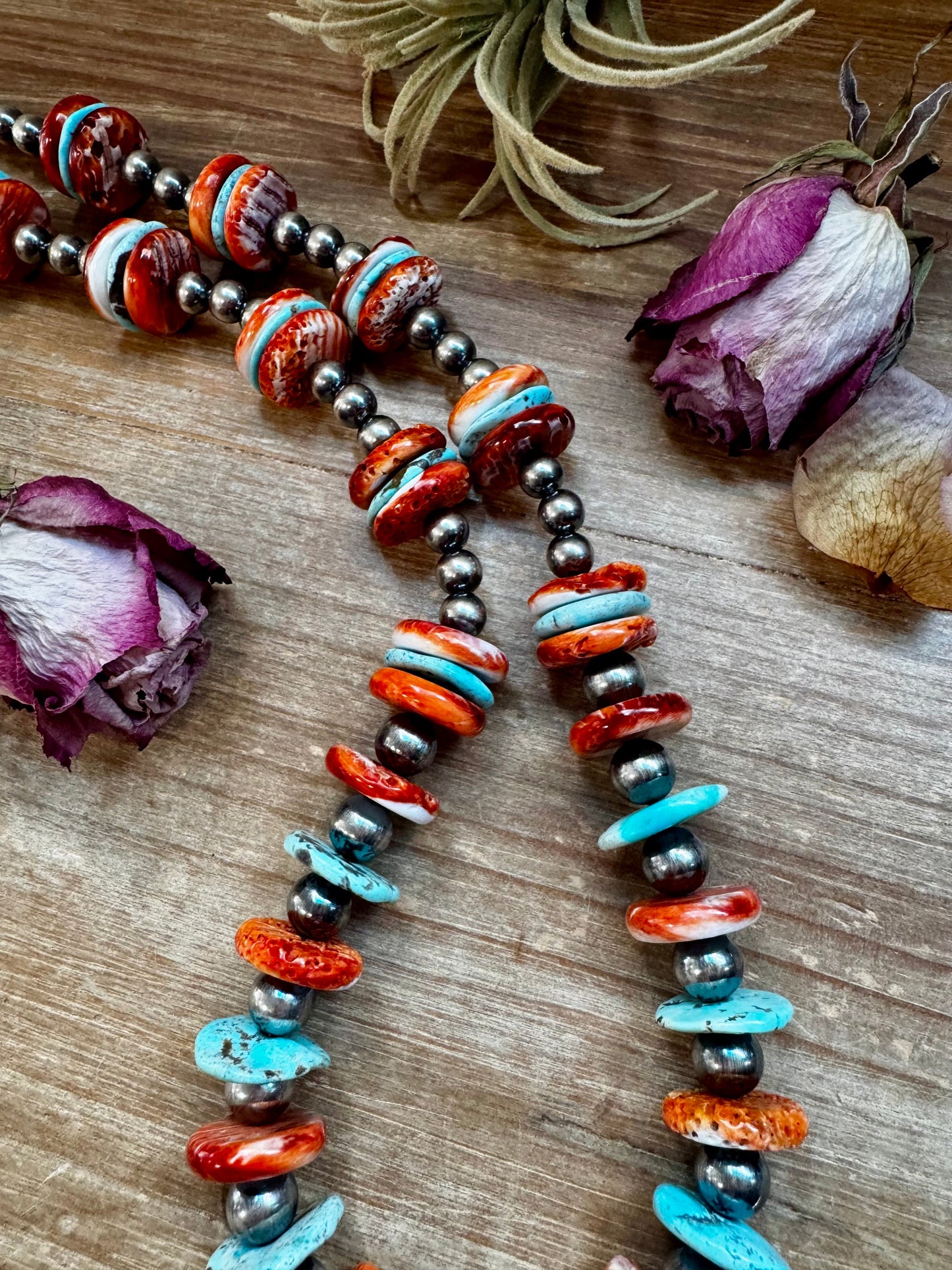 NFR Collection Necklace – 8MM to 20MM graduated with Turquoise & Spiny Oyster – 29"