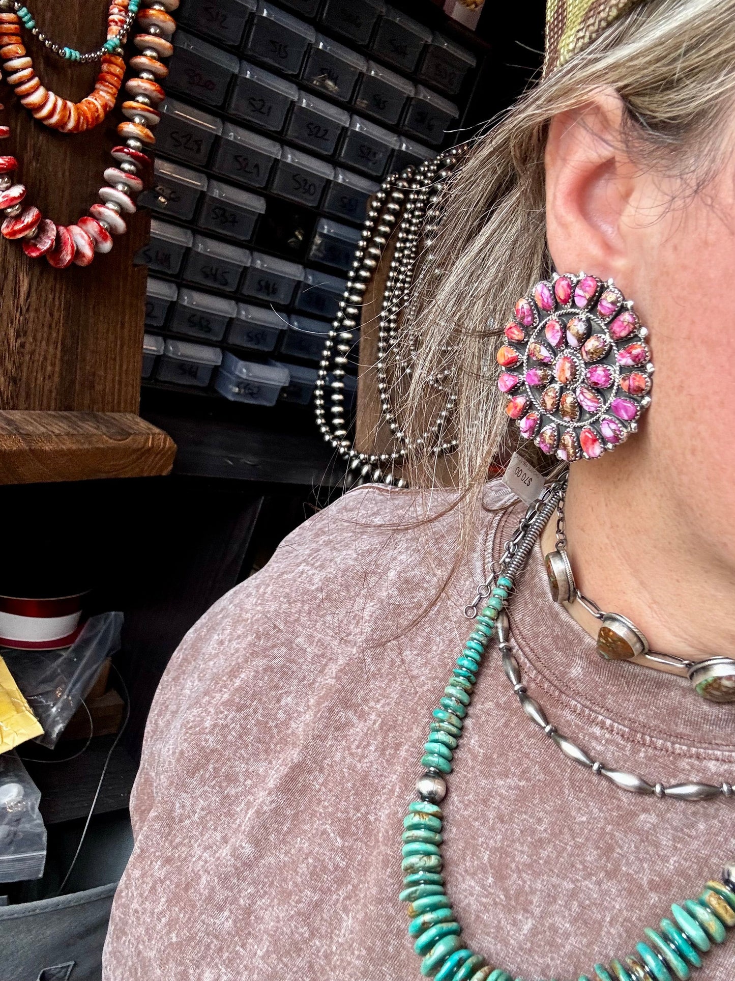 Giant Cluster Earrings – Pink Dahlia Color & Sterling Silver