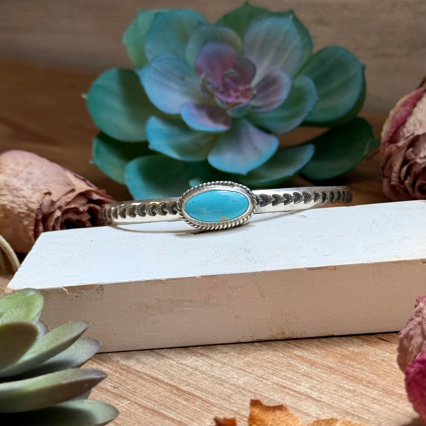 SS Kingman Turquoise Stamped Stacking Cuff by Jason Ogg