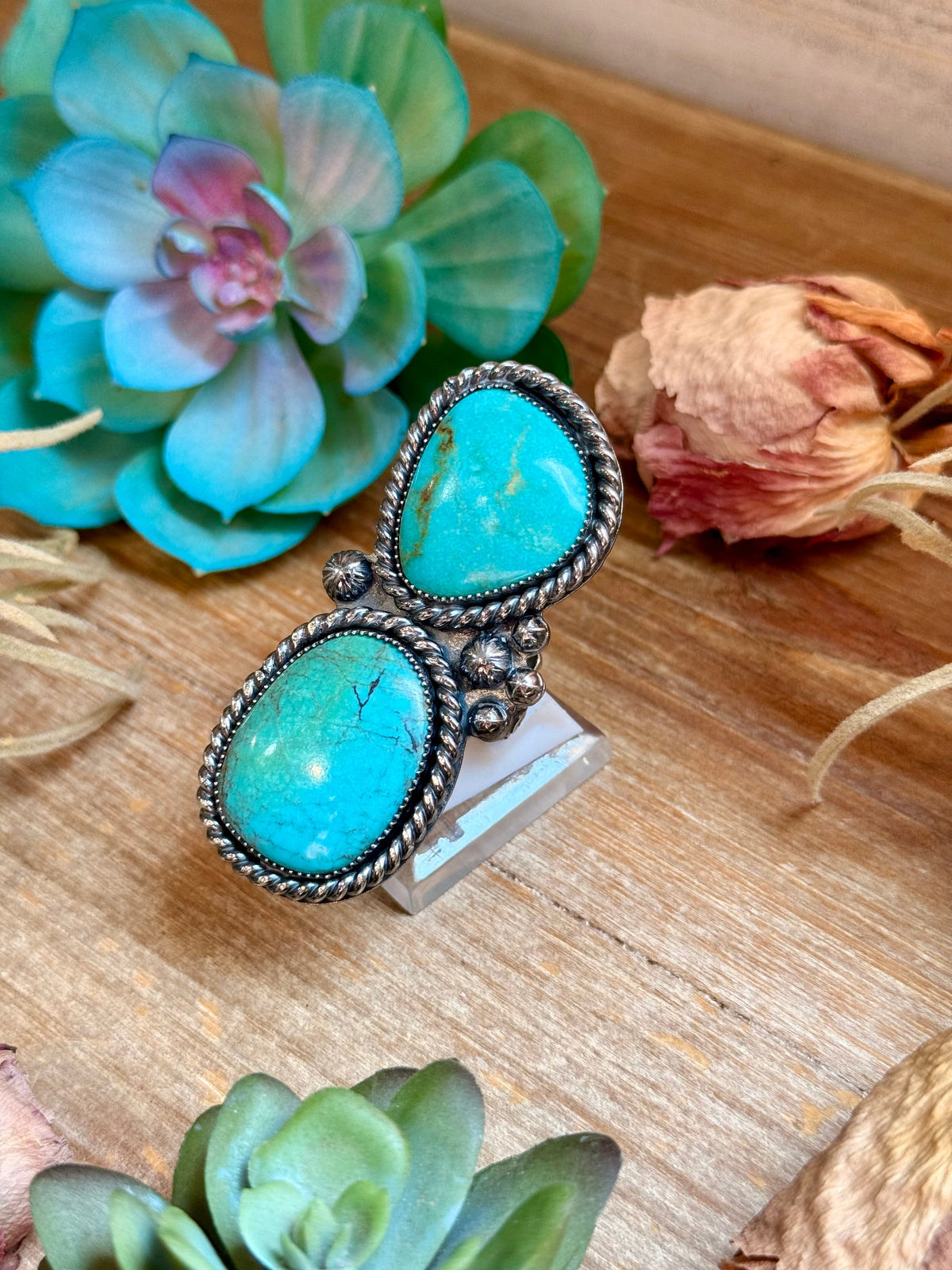 Two-Stone Blue-Green Turquoise Statement Ring