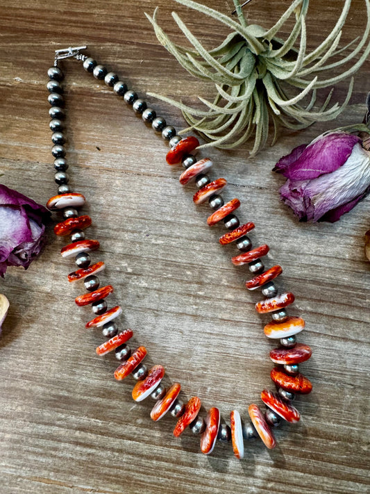 NFR Collection Necklace – 8mm Sterling Silver Pearls with 16mm Spiny Oyster Rondelle – 20"