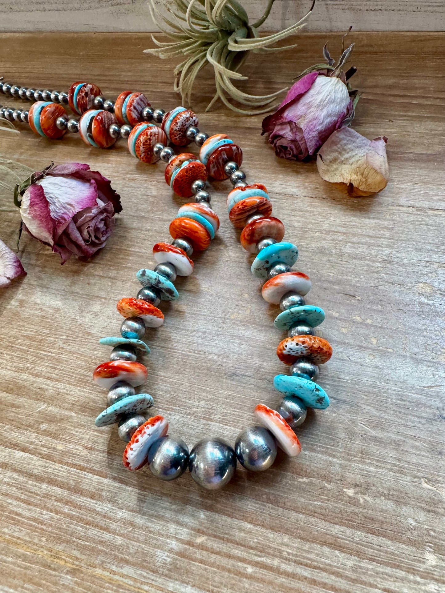 NFR Collection Necklace – 8MM to 20MM graduated with Turquoise & Spiny Oyster – 29"