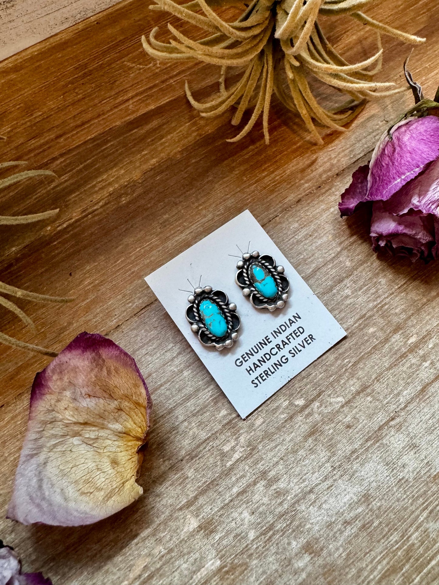 Kingman Turquoise & Silver Pearl Stud Earrings – Native Made by L. Silversmith