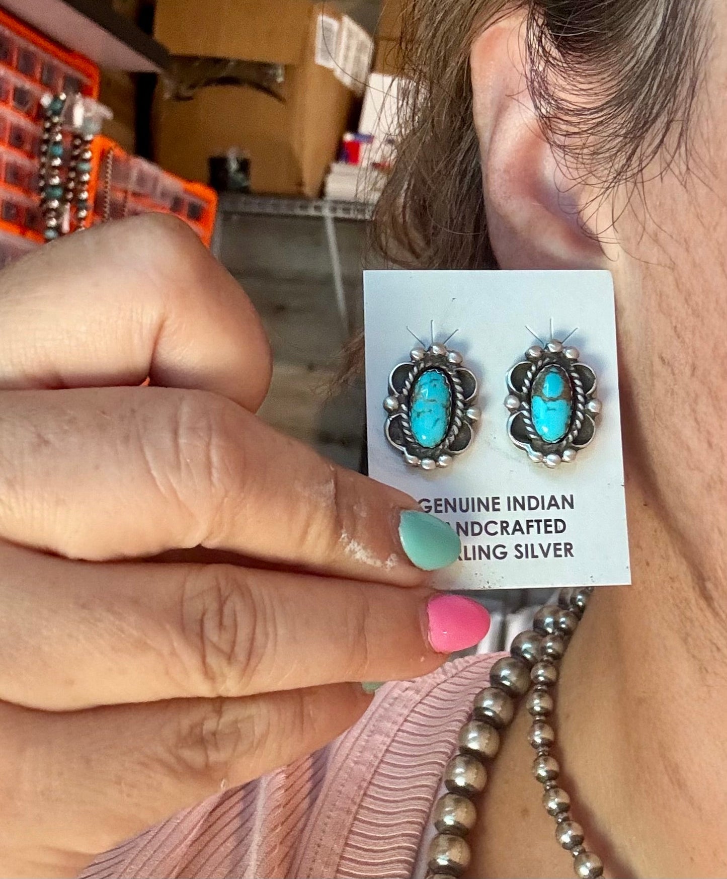 Kingman Turquoise & Silver Pearl Stud Earrings – Native Made by L. Silversmith